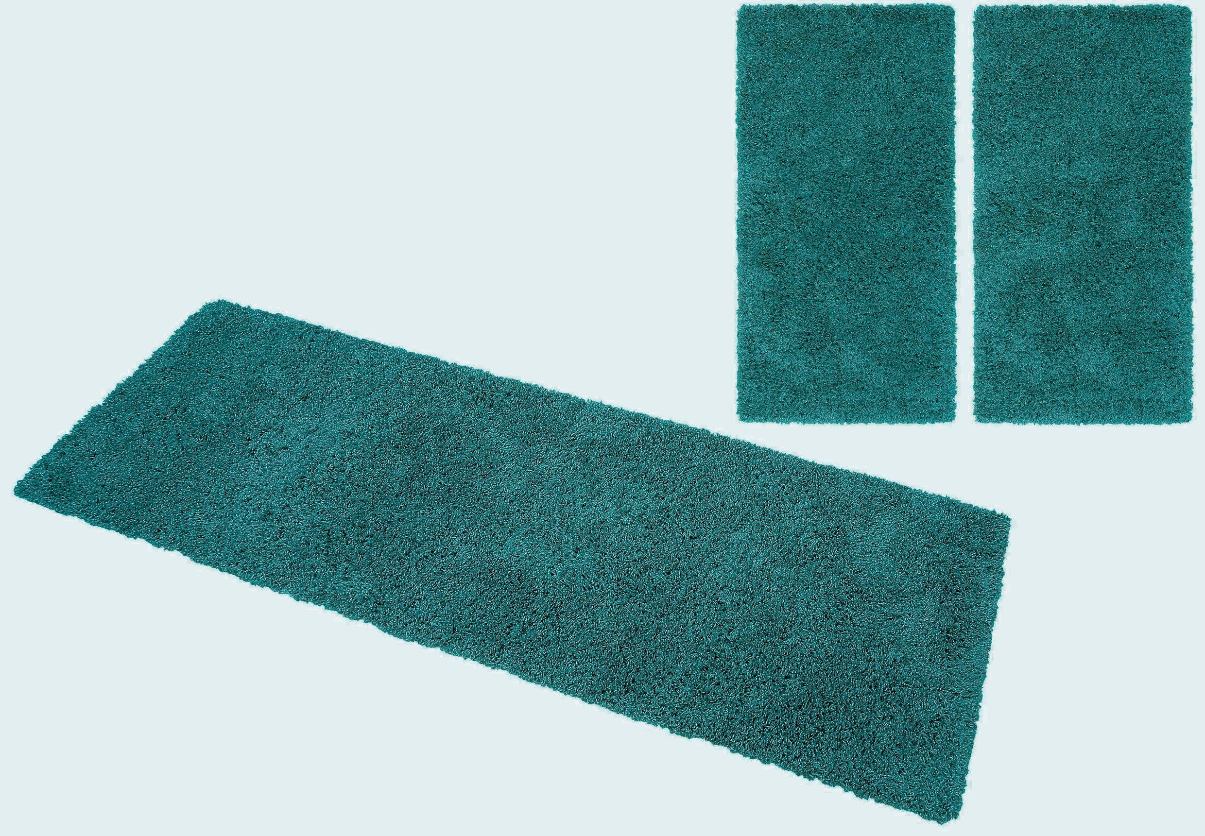 Bettumrandung Shaggy Soft Bruno Banani, Höhe 30 mm, (3-tlg), gewebt, Uni-Farben, besonders weich, Bettvorleger, Läufer-Set aquablau