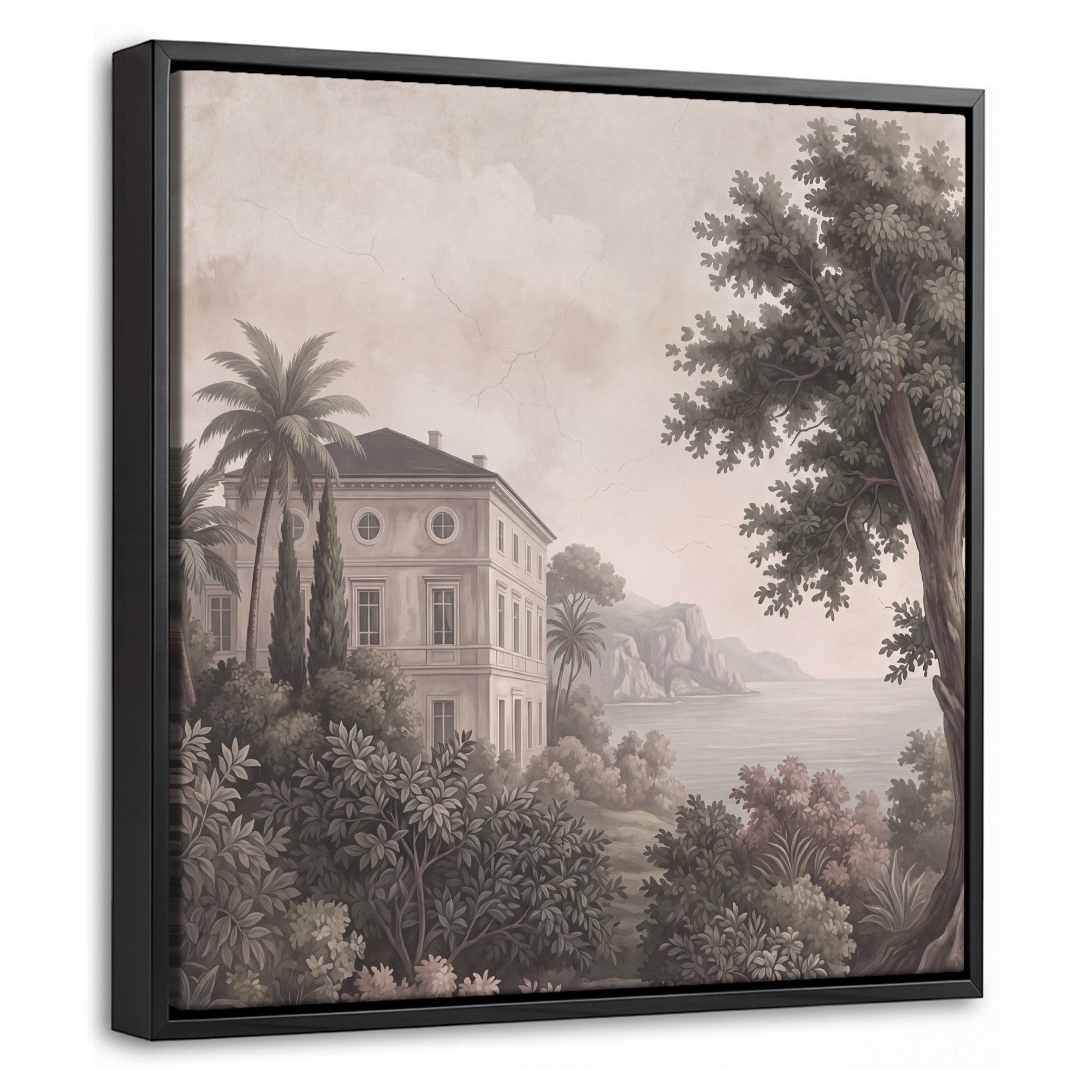 OneMillionCanvasses® Leinwandbild mit Rahmen - Meer - Villa - Beige, Fotodruck (1 St), Leinwand Bilder Klein, Wand Dekoration Aesthetic 20x20cm