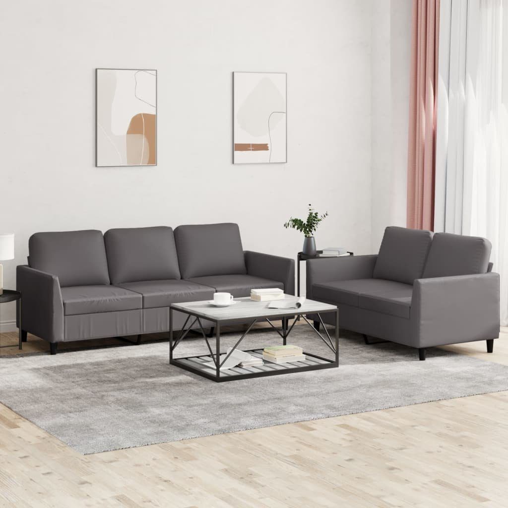 vidaXL Sofa 2-tlg. Sofagarnitur mit Kissen Grau Kunstleder