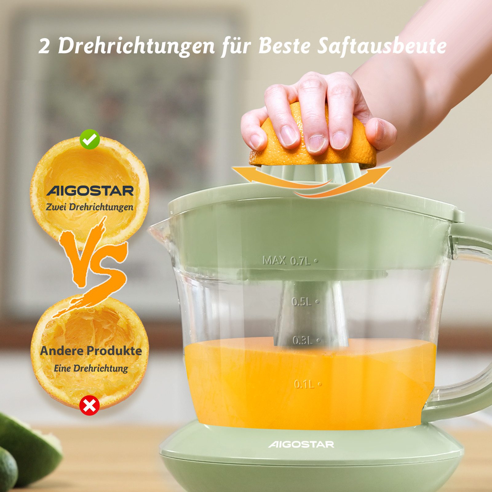 Aigostar Entsafter Saftpresse Elektrisch 2 Kegel, Orangenpresse, Zitruspresse, 40,00 W, Hohe Saftausbeute, Tropfsicherer Auslauf, 100% reiner Saft, BPA-frei – Bild 3 von 5