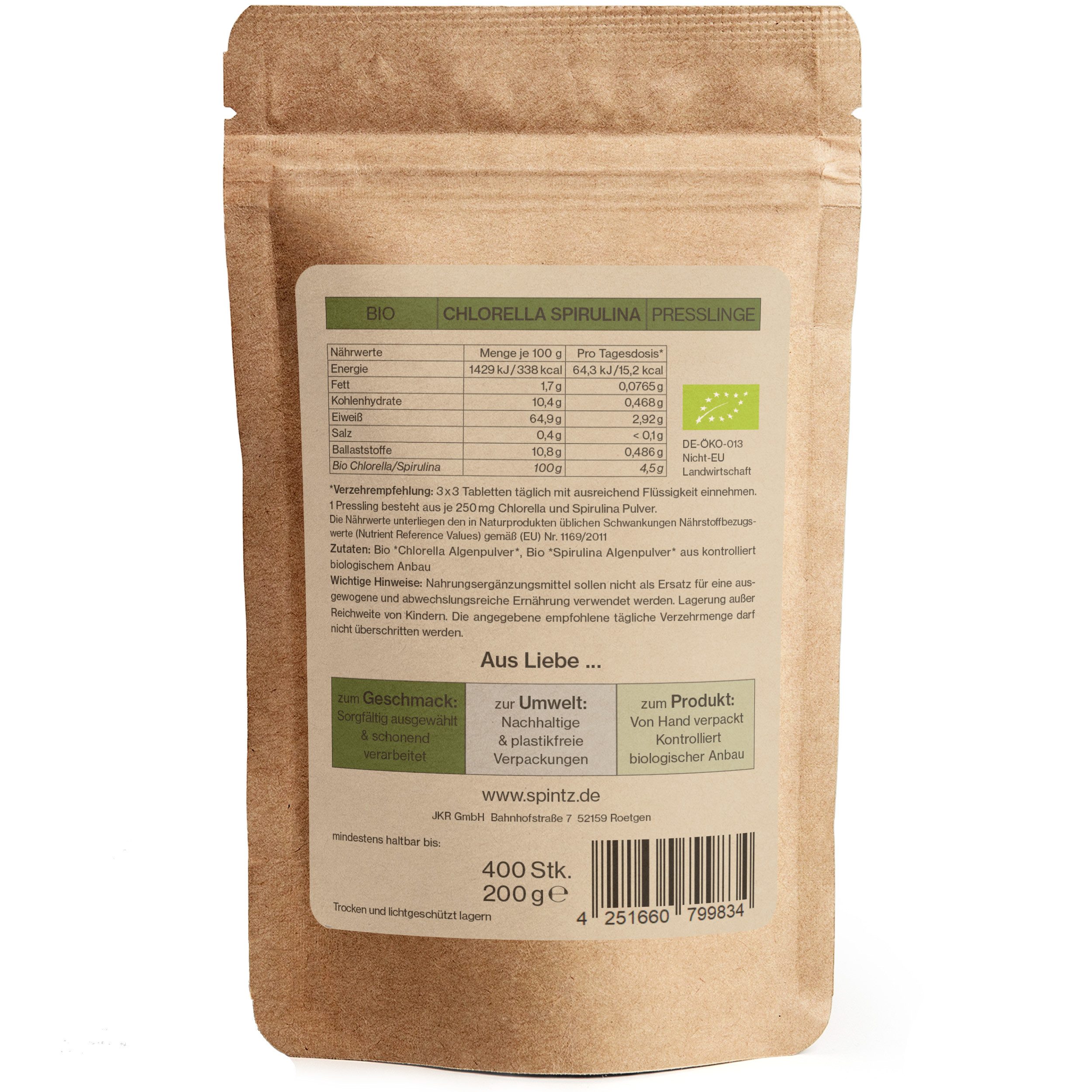 SPINTZ Bio Chlorella Spirulina Presslinge 3 x 3 Tabletten täglich mit ausreichend Wasser, 1 er 200 St., 100 g