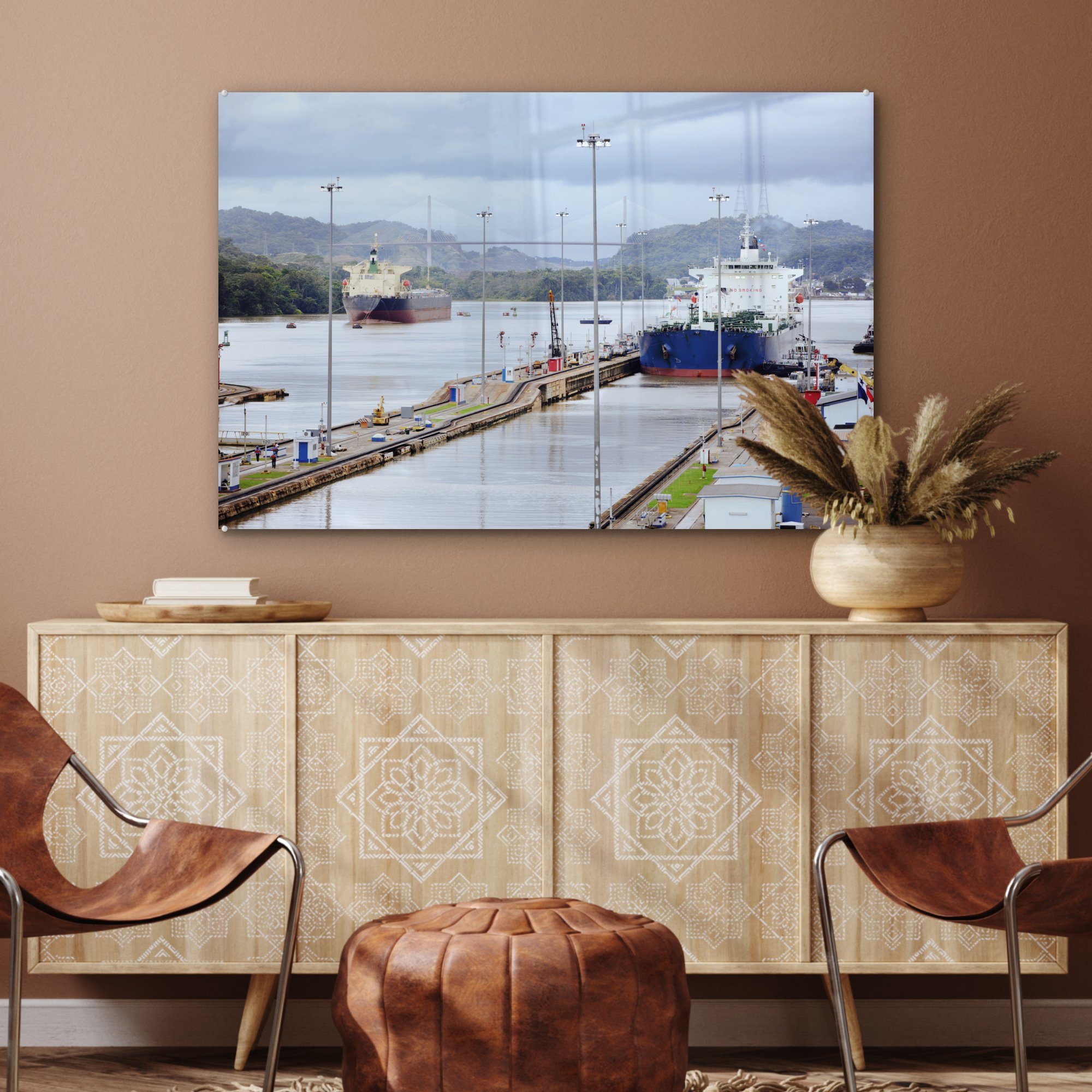 MuchoWow Acrylglasbild Schiff Panamakanals, & des in Wohnzimmer Acrylglasbilder Kanalschleuse Schlafzimmer St), der (1