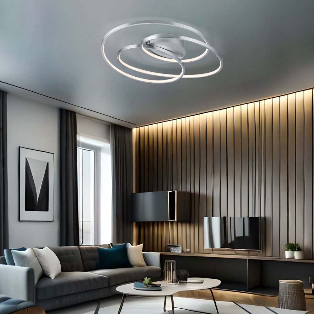 TRIO Leuchten LED Deckenleuchte, LED-Leuchtmittel fest verbaut, Warmweiß, LED Decken Lampe Wohn Zimmer Ring Leuchte silber Switch DIMMER