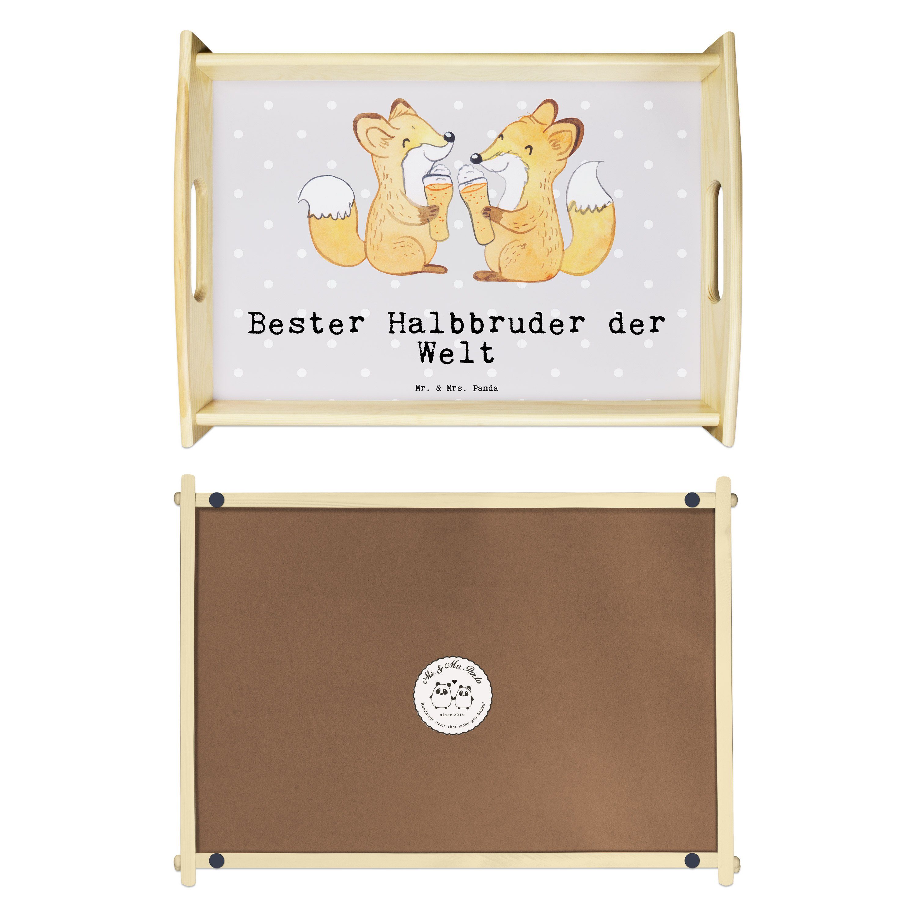 Mr. & Mrs. Fuchs Tablett Welt - Halbbruder - Panda Geschenk, Grau der (1-tlg) Pastell lasiert, Echtholz Frühstück, Bester