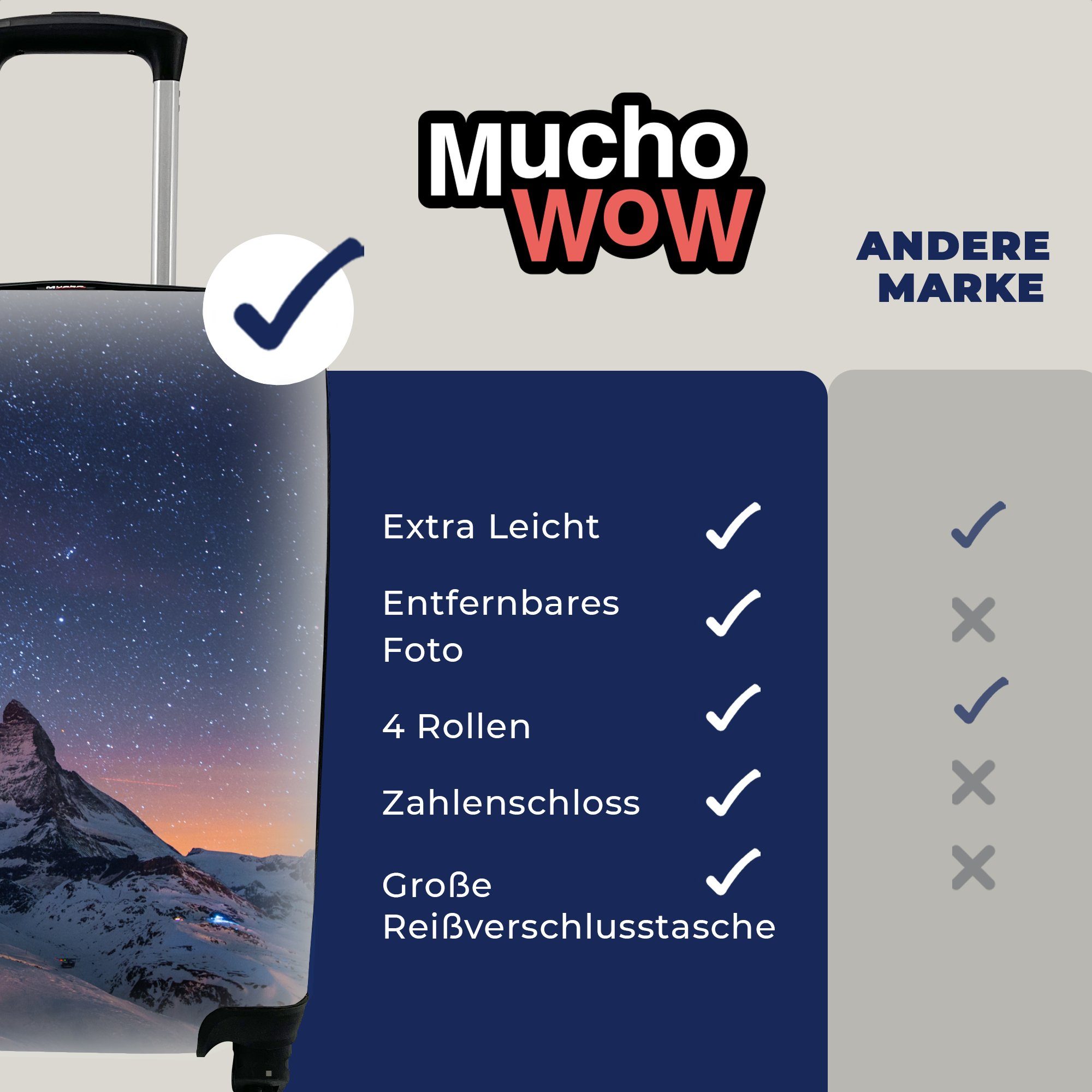 Reisekoffer MuchoWow Sternenhimmel Rollen, mit Schnee, - Reisetasche Handgepäck - Alpen Ferien, 4 für Trolley, rollen, Handgepäckkoffer