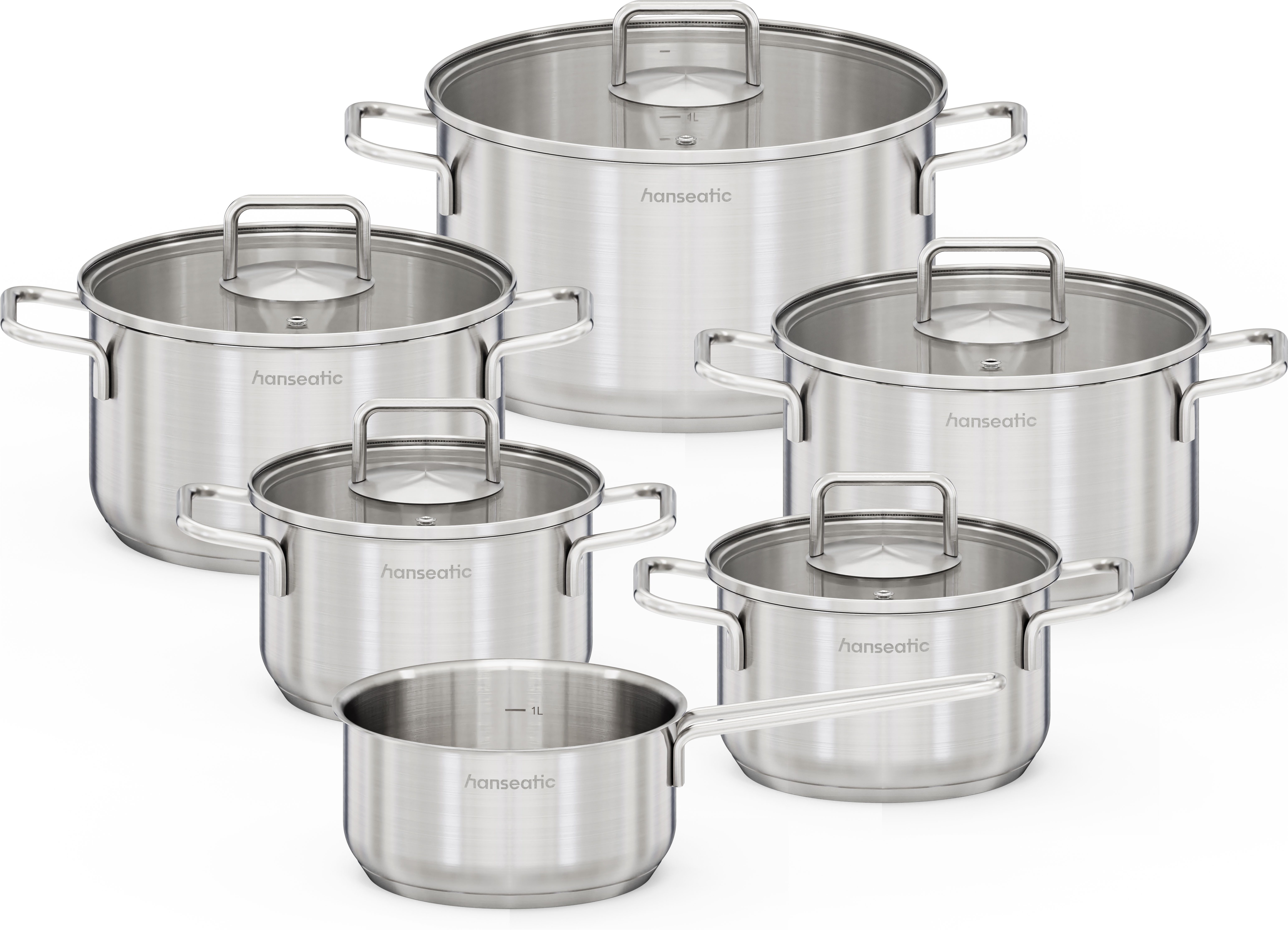 Hanseatic Topf-Set BASIC, Edelstahl 18/10 (Set, 11-tlg., Stielkasserolle 16 cm, Kochtopf 2x16/2x20/1x24 cm), für alle Herdarten geeignet, unbeschichtet