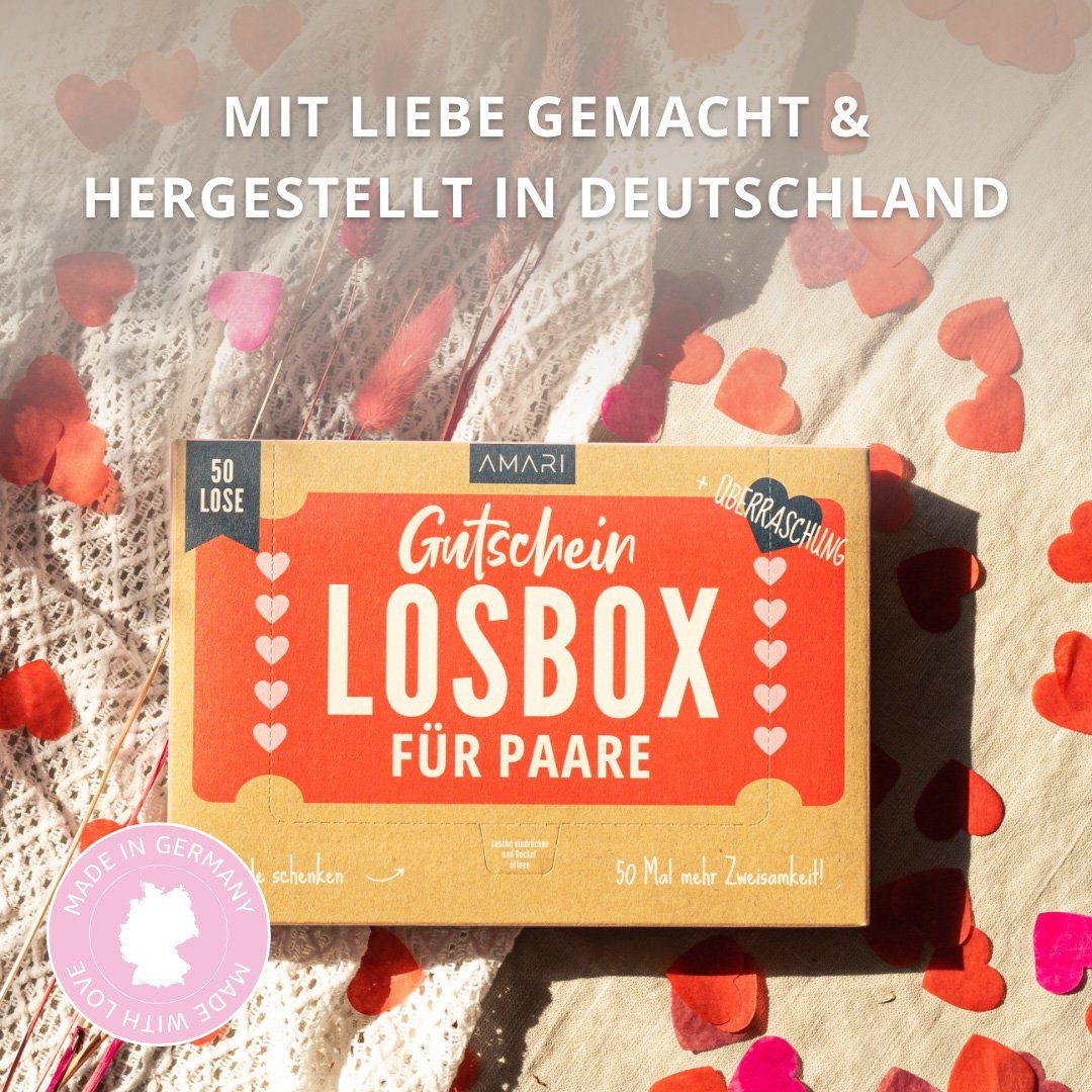 Amari Geschenkbox Gutscheinbox für Paare - 50 Gutschein Lose Verwöhnmomente, Valentinstag, Jahrestag, Hochzeit
