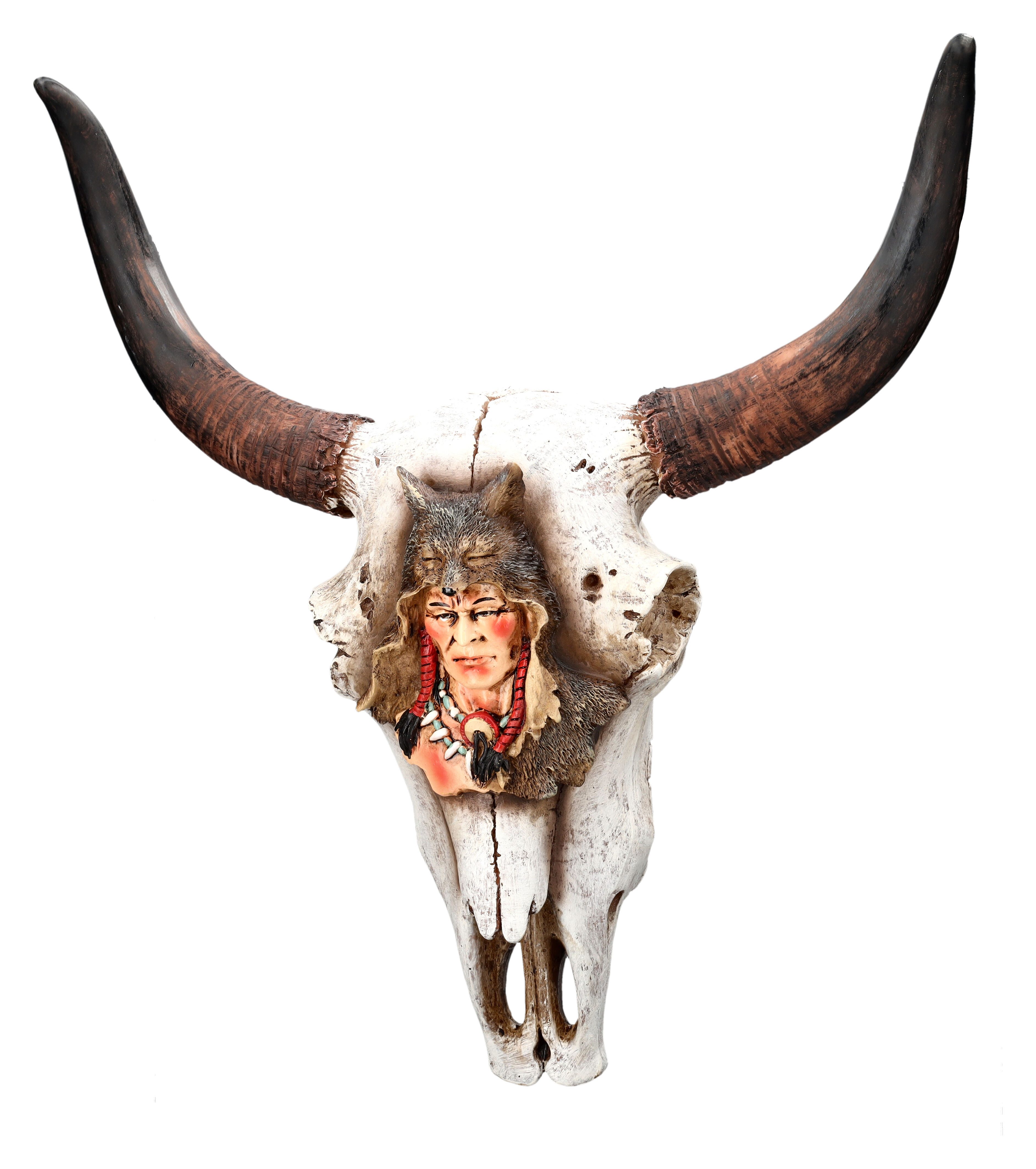 Figuren Shop GmbH Wanddekoobjekt Wanddeko - Totenkopf Kuh mit Ureinwohner Relief - Wilder Westen Büffel
