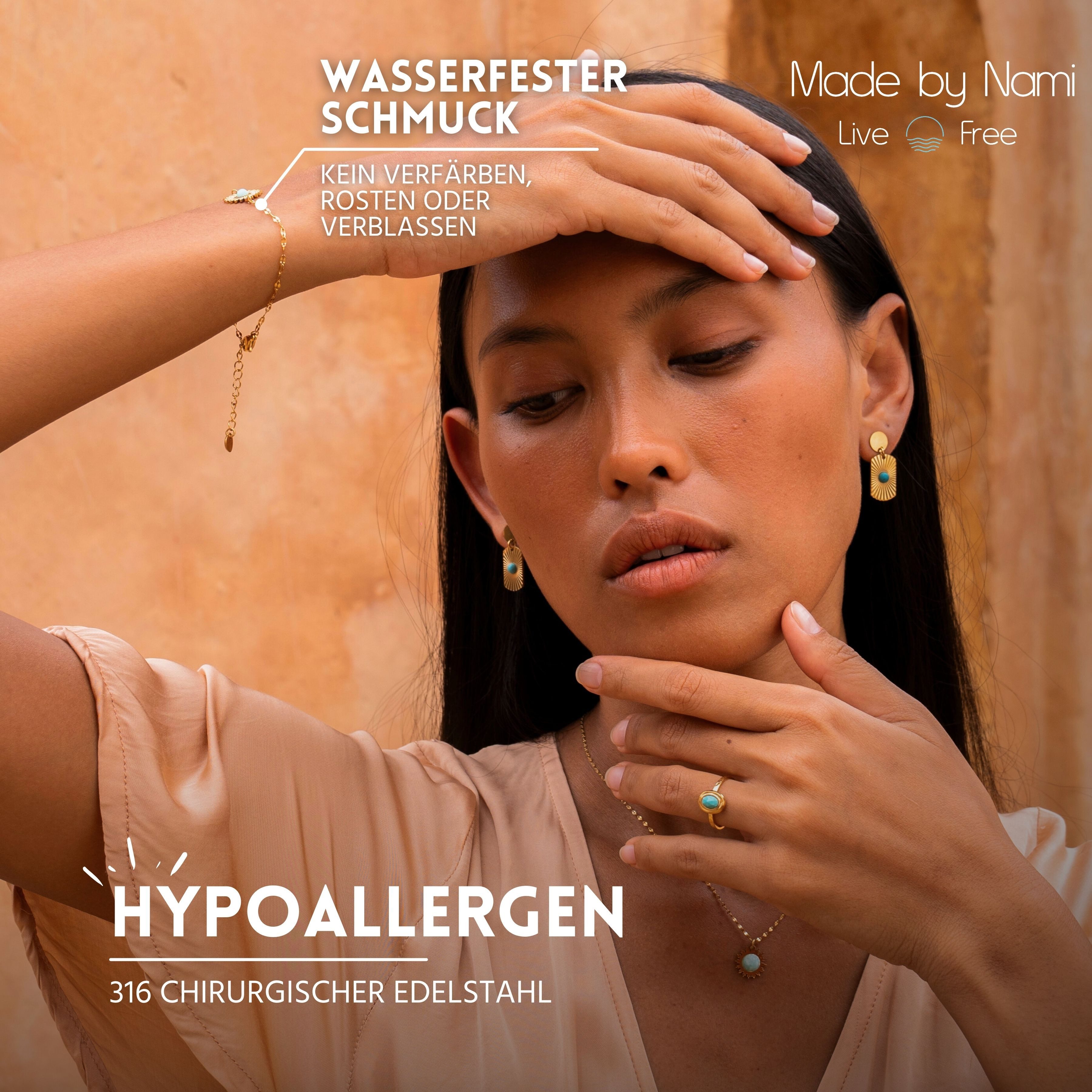 Made by Nami Armband in gold/türkis Damen Edelstahl Boho Schmuck wasserfest hypoallergen