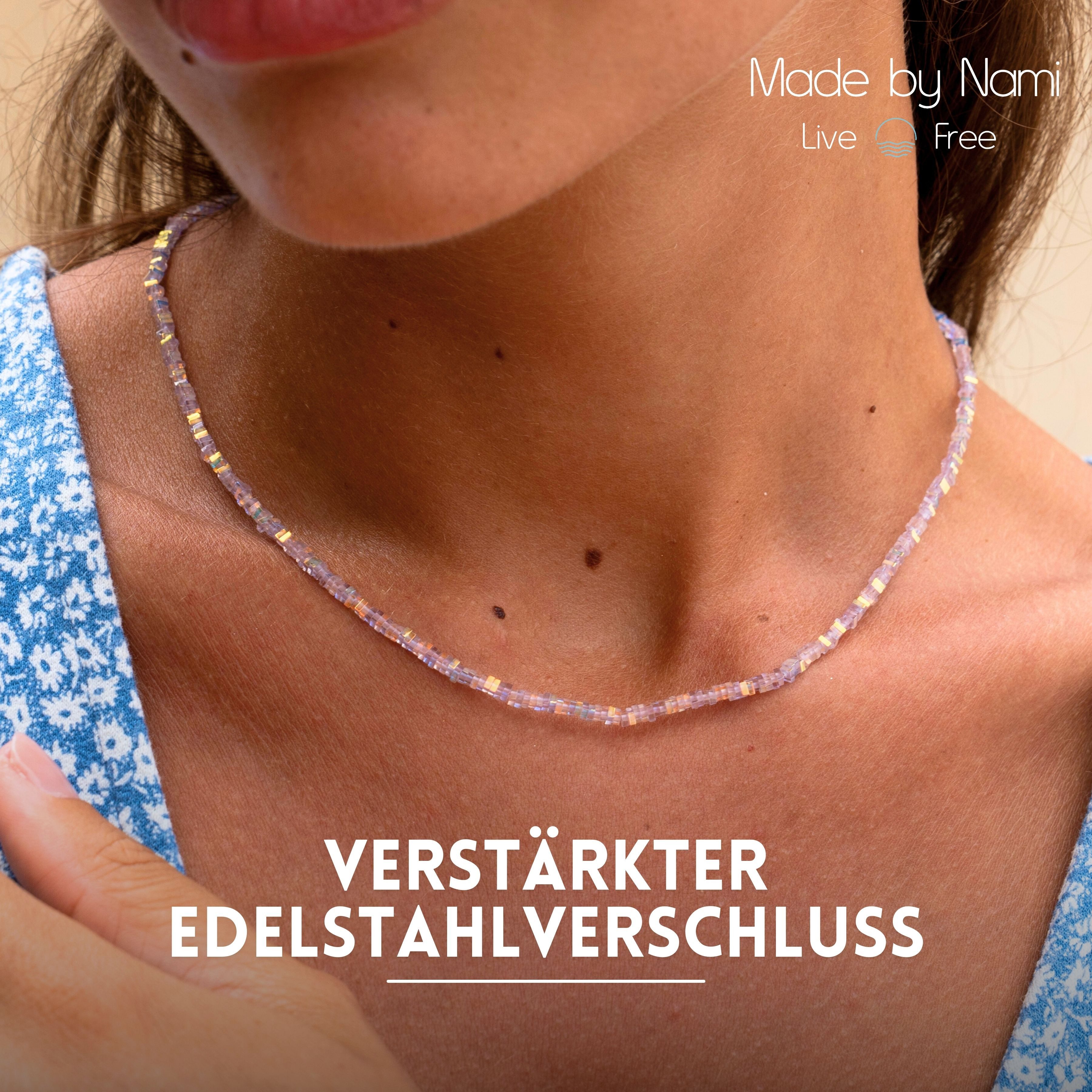 Made by Nami Perlenkette Damen Halskette bunt mit Perlen verstellbar Wasserfester Schmuck, aus Perlen – farbenfroh – mit Verlängerung – sommerlich – Bild 5 von 5