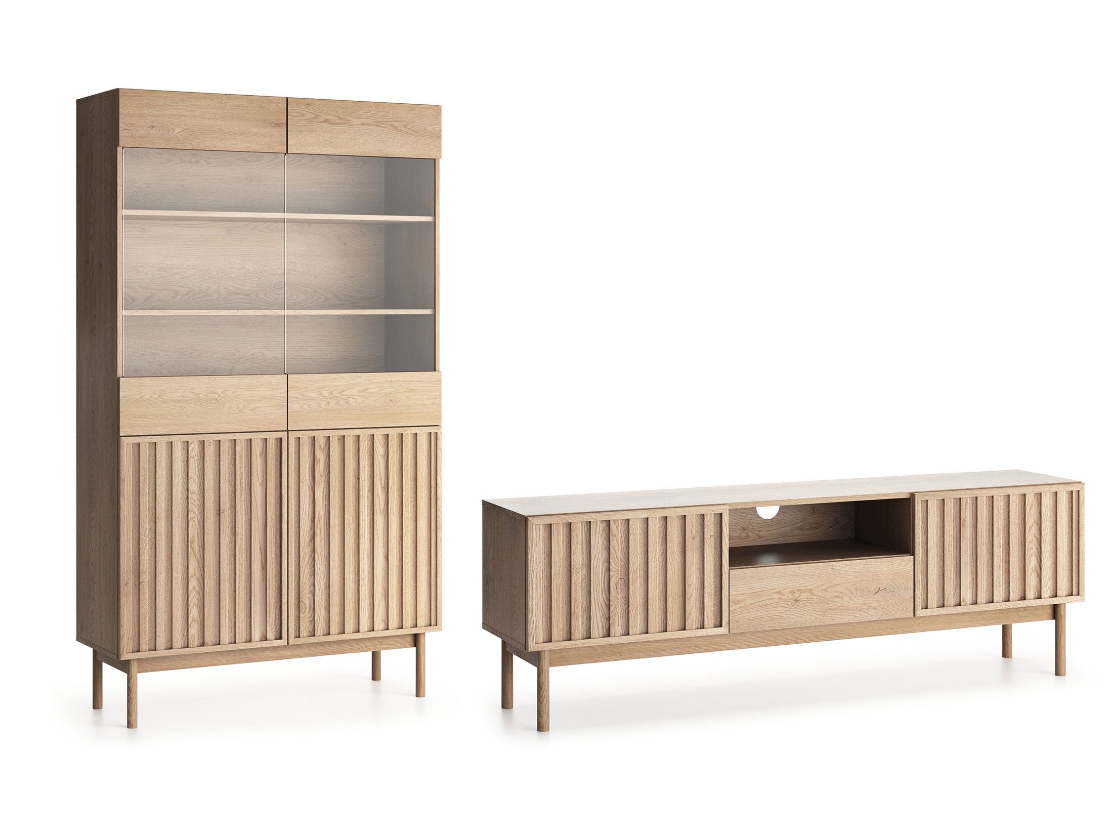 Beautysofa Wohnzimmer-Set SAPPORO im Japandi-Stil, (Vitrine + TV-Schrank, Push-to-Open-Funktion), Eiche Cremona