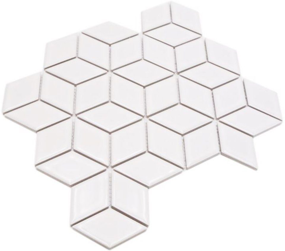 Mosani Mosaikfliesen Würfel Mosaik Fliese Keramik 3D weiß glänzend Wand