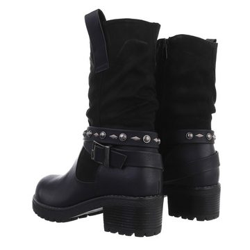 Ital-Design Damen Bikerschuhe Western Stiefelette Blockabsatz Western- & Bikerboots in Schwarz