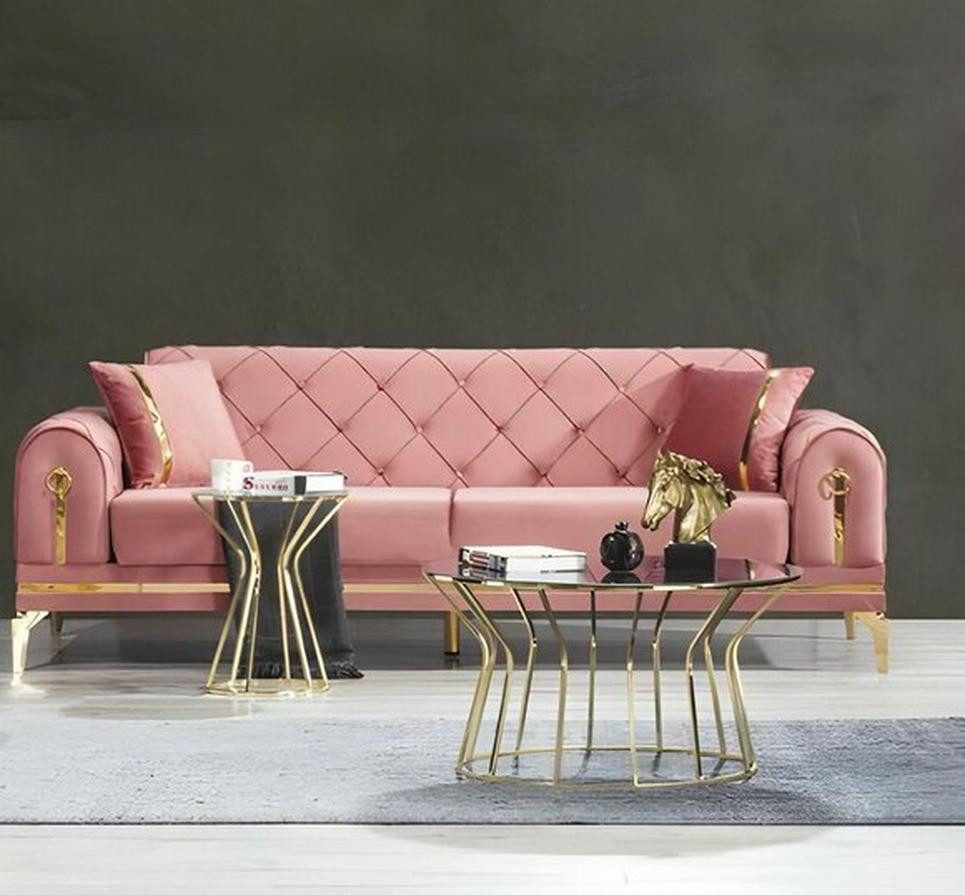 JVmoebel Chesterfield-Sofa Rosa Chesterfield Textilcouch Designer 3-Sitzer Edelstahl Luxus Möbel, 1 Teile, Made in Europa