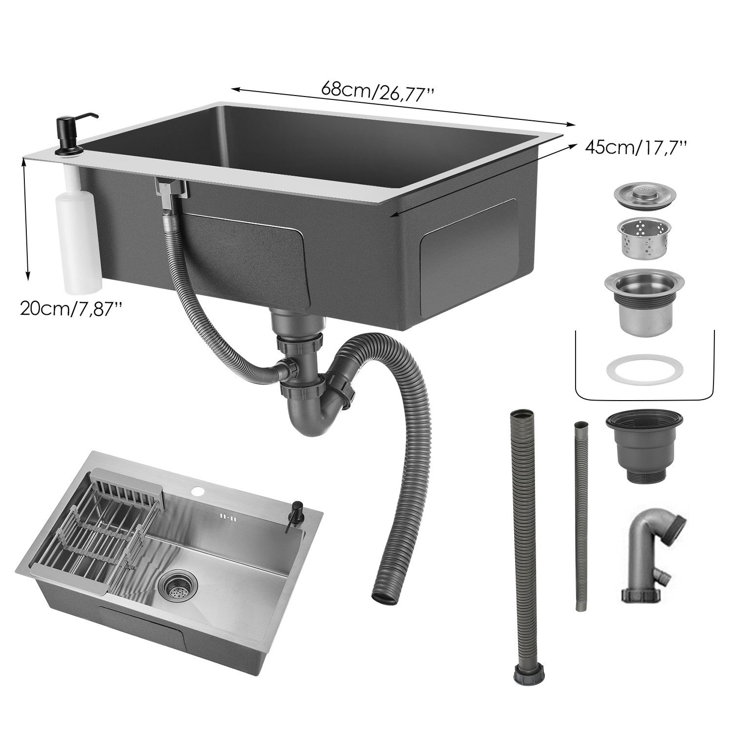 LOVONLIVE Küchenspüle Edelstahlspüle, Küchenspüle mit Klappsieb, Küchenspülenset, 68/45 cm, Mehrere Kits, (Komplett-Set), 68 x 45 cm,Seifenspender, Filter, Siphon-Waschbecken, Überlaufgarnitur