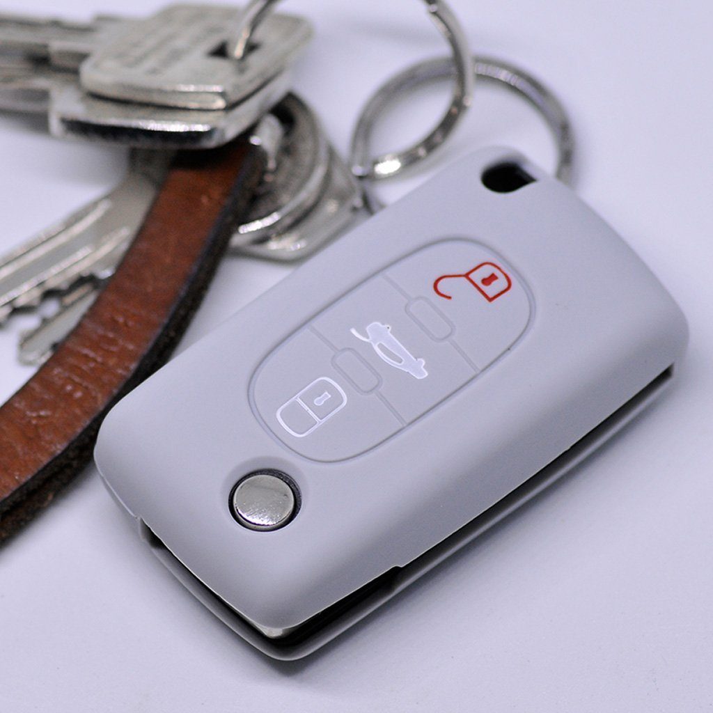 mt-key Schlüsseltasche Expert III Peugeot 307 3 Silikon Softcase Autoschlüssel Tasten Grau, 407 Schutzhülle RCZ für C5 I 308 C4 Citroen
