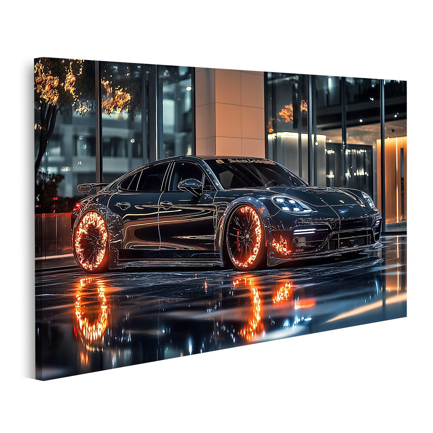 islandburner Leinwandbild, Schwarzes Auto mit leuchtenden Rädern bei Nacht günstig online kaufen