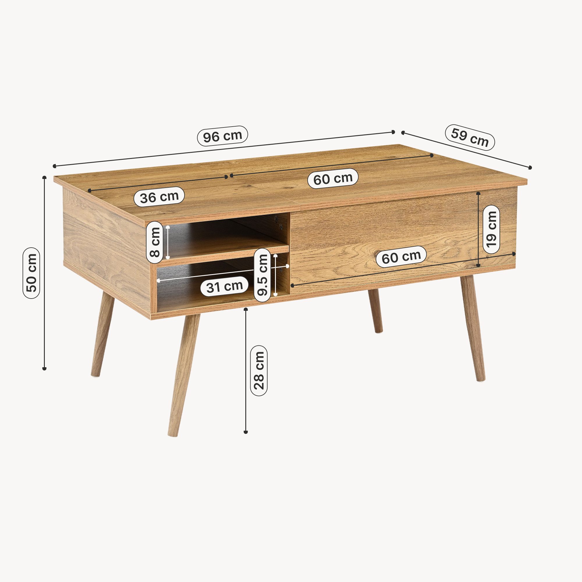 en.casa Couchtisch, »Vasdabod« mit Liftplatte 96 x 59 x 50 cm Eicheoptik