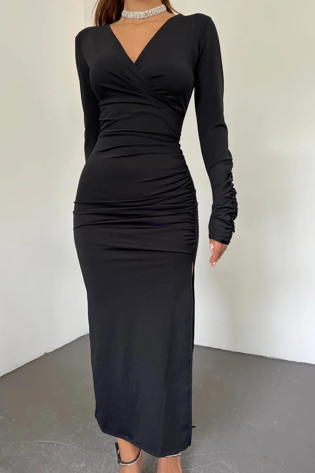 WOMAN VISION Midikleid Wickelkleid mit Schlitz und langen Ärmeln – Bild 4 von 5