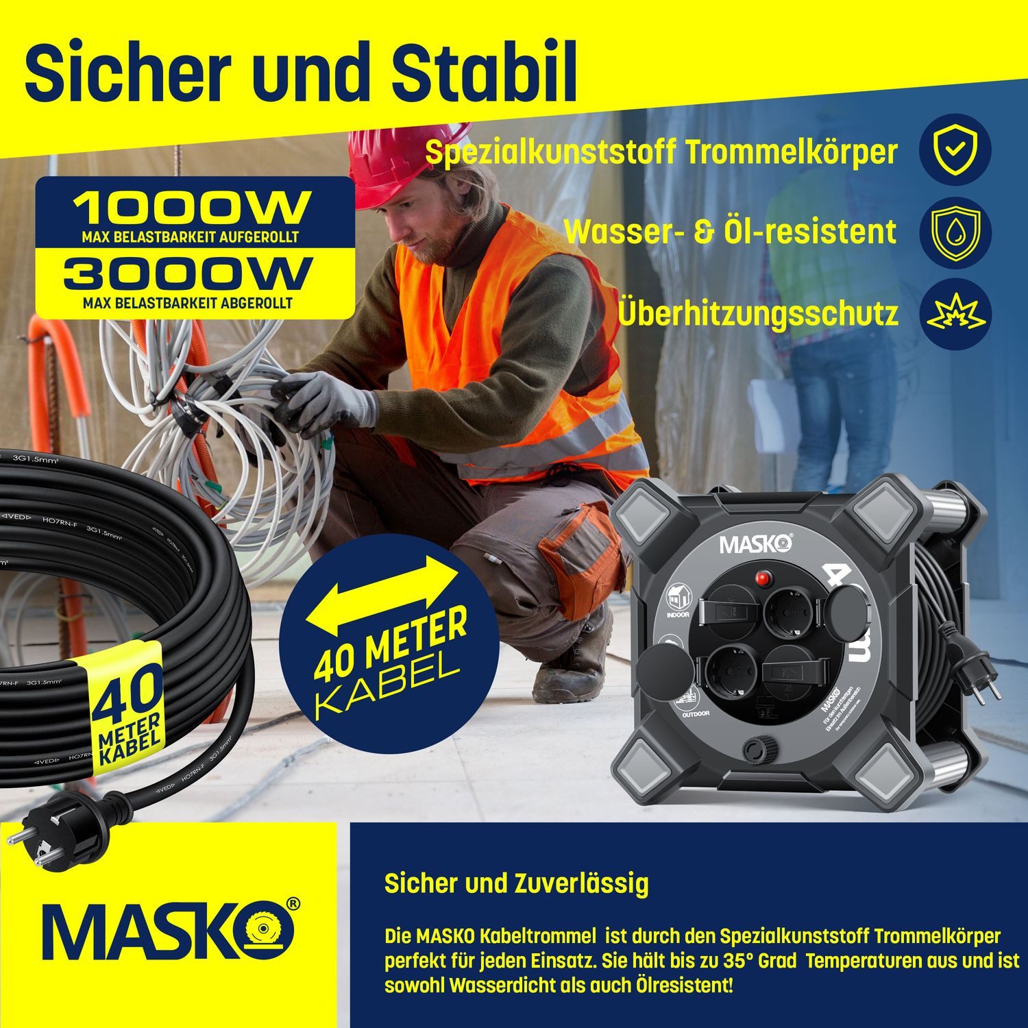 Thumbnail - MASKO Kabeltrommel (Kabellänge 40 m), Verlängerungskabel mit 4 Schutzkontakt-Steckdosen Kabelaufroller IP44