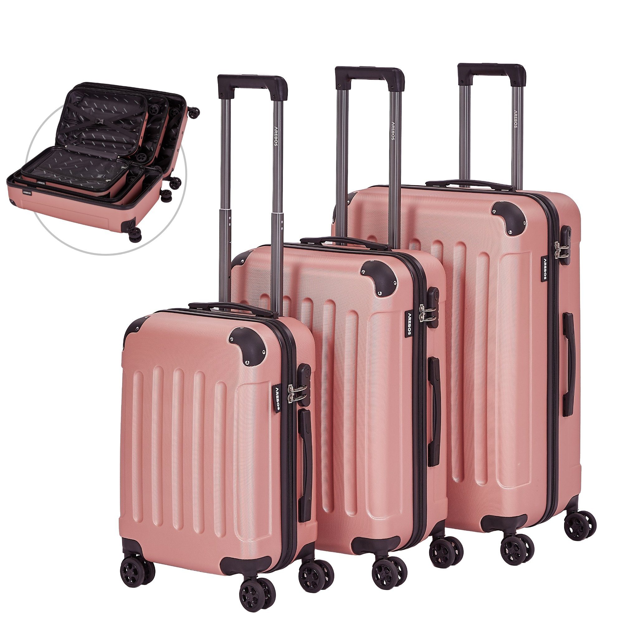 Arebos Koffer Reisekoffer 3er Set Hartschalen Koffer Trolley M-L-XL-Set, 4 Rollen