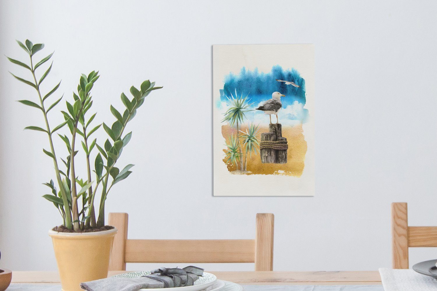 Aquarell, cm Baum - Zackenaufhänger, 20x30 fertig St), - Leinwandbild inkl. Gemälde, (1 Leinwandbild Vogel - Strand OneMillionCanvasses® bespannt