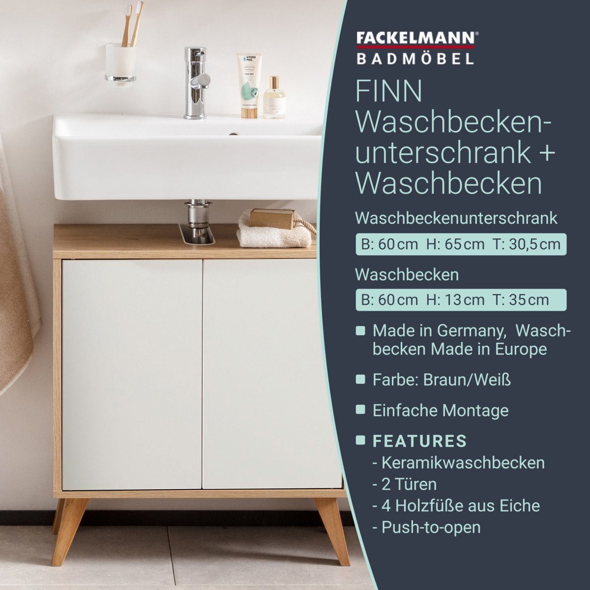 FACKELMANN Badmöbel-Set Finn Badmöbel Set 3-teilig 60 cm breit, mit Füßen, hell braun/weiß