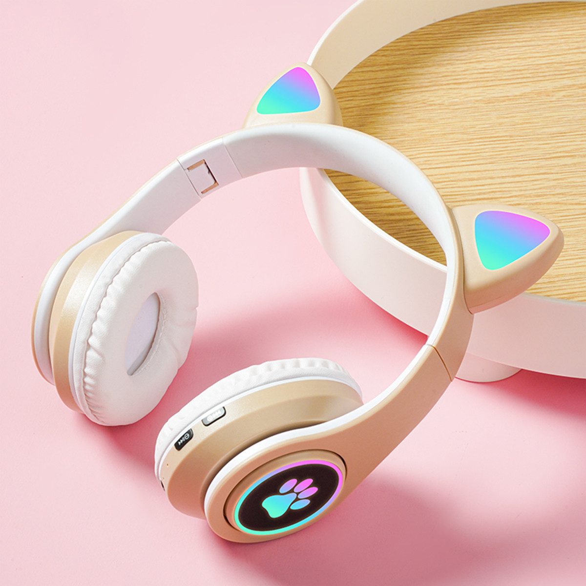 KINSI Bluetooth-Headset, Kopfhörer mit Katzenohren, RGB-LED-Leuchten Kinder-Kopfhörer (AVRCP-Bluetooth, HSP, A2DF Bluetooth, HSF 1.5, Katzenohr-Headset für Mädchen, kompatibel mit Tablet/Computer/Telefon)