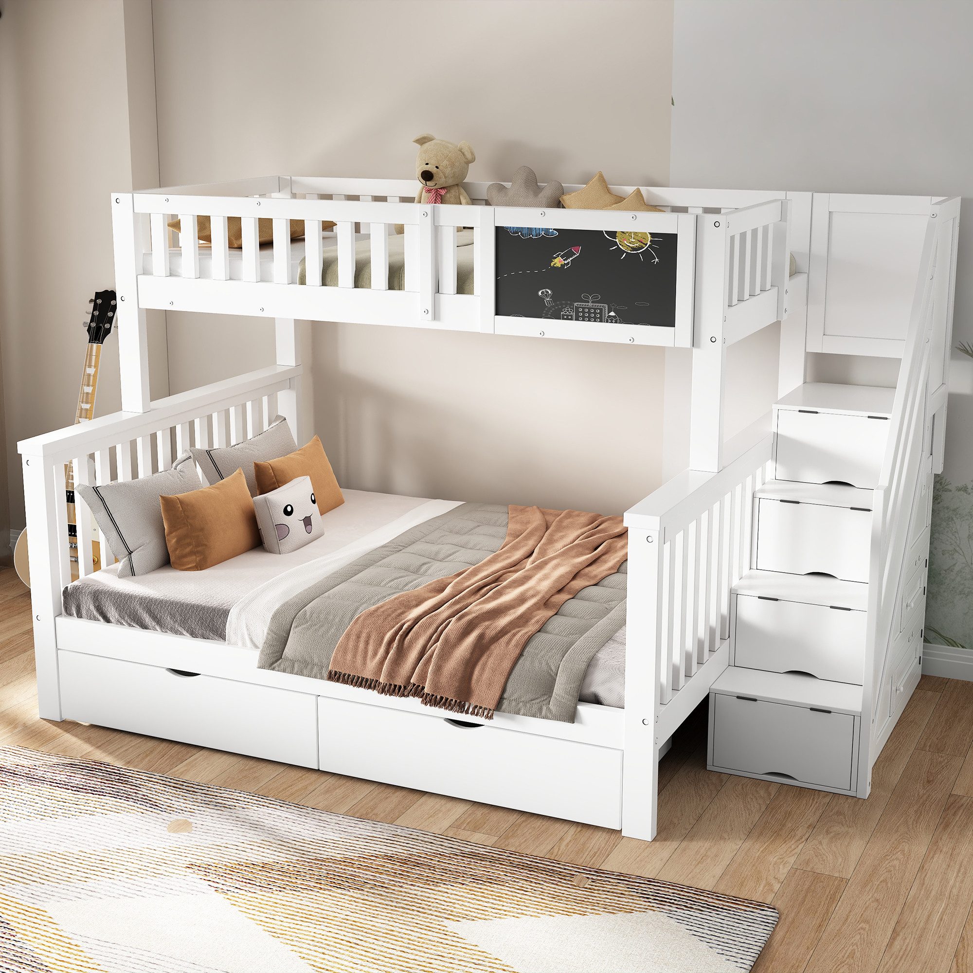 Flieks Etagenbett, Kinderbett mit Tafel Treppe Schubladen 90x200cm+140x200cm