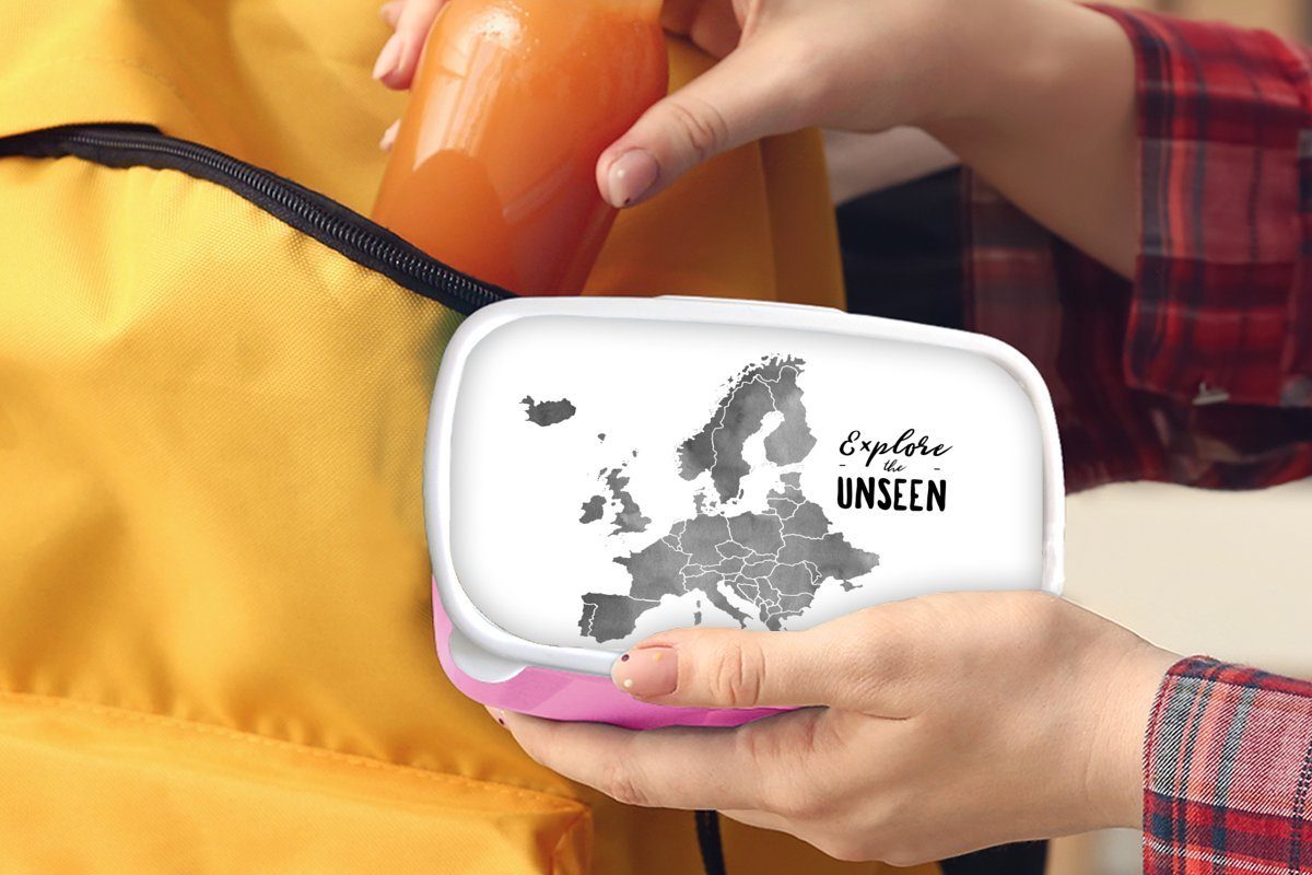 Aquarellfarbe the rosa "Explore mit Kinder, Lunchbox Erwachsene, MuchoWow für Snackbox, grauer Kunststoff, in Mädchen, unseen" -, Brotdose Kunststoff (2-tlg), dem Zitat Eurocard Brotbox