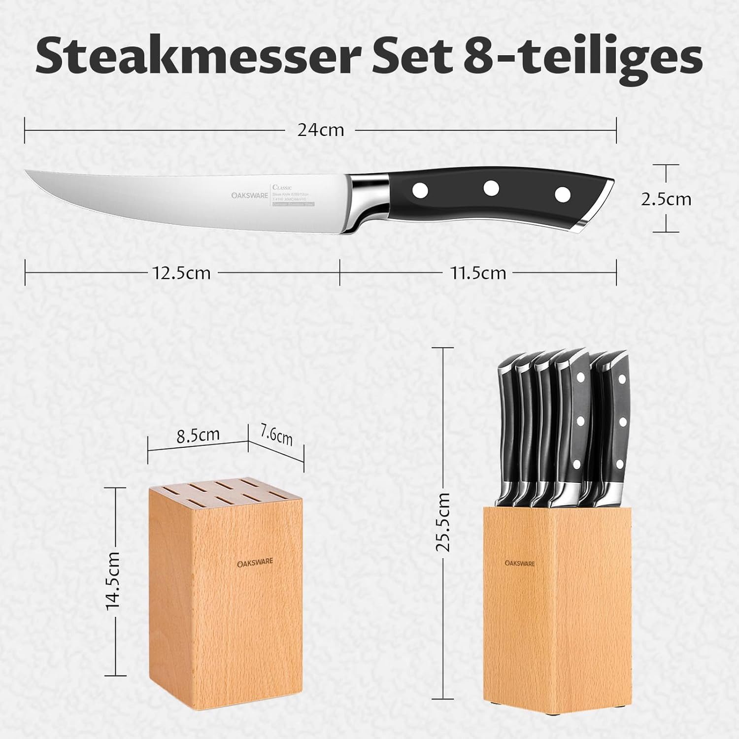 OAKSWARE Steakmesser Steakmesser Set 8-teilig mit Block, scharfe Pizzamesser und Griff (8 Stück), für Steak, Fleisch, Obst & Gemüse