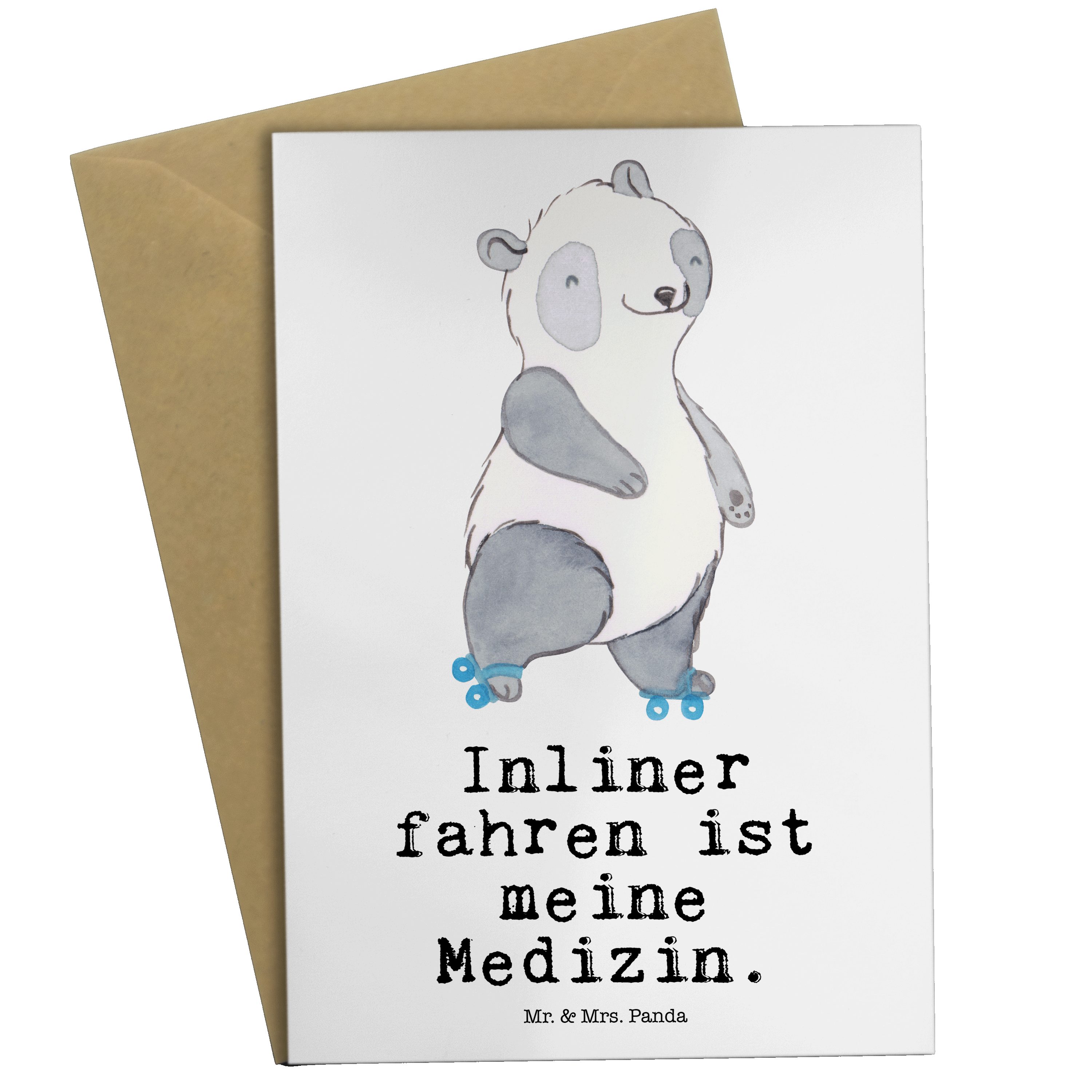 Mr. & Mrs. Panda Grußkarte Panda Inliner fahren Medizin - Weiß - Geschenk, Klappkarte, Rollschuh
