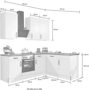 wiho Küchen Winkelküche "Simi", mit verstellbaren Füßen, wahlweise mit E-Geräten, Soft-Close-Funktion in Schubkästen & Auszügen, Stellbreite 225/175 cm