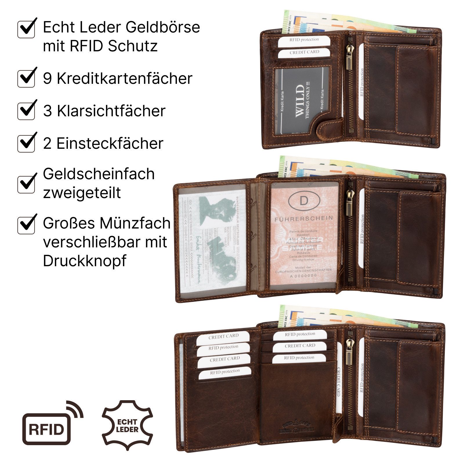 Wild Things Only !!! Geldbörse RFID echt Leder Portemonnaie Geldbörse Riegelbörsel Herren Braun, RFID Schutz – Bild 4 von 5