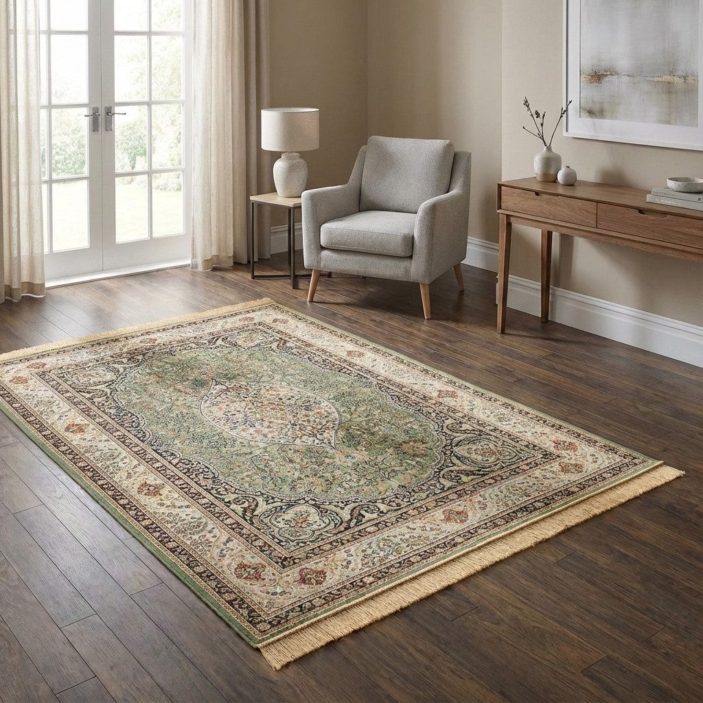 TaCa Home Teppich Vintage Designer Kurzflor, rechteckig, Höhe: 6 mm, Schlafzimmer Kinderzimmer Wohnzimmer Esszimmer, grün - 95 x 140 cm