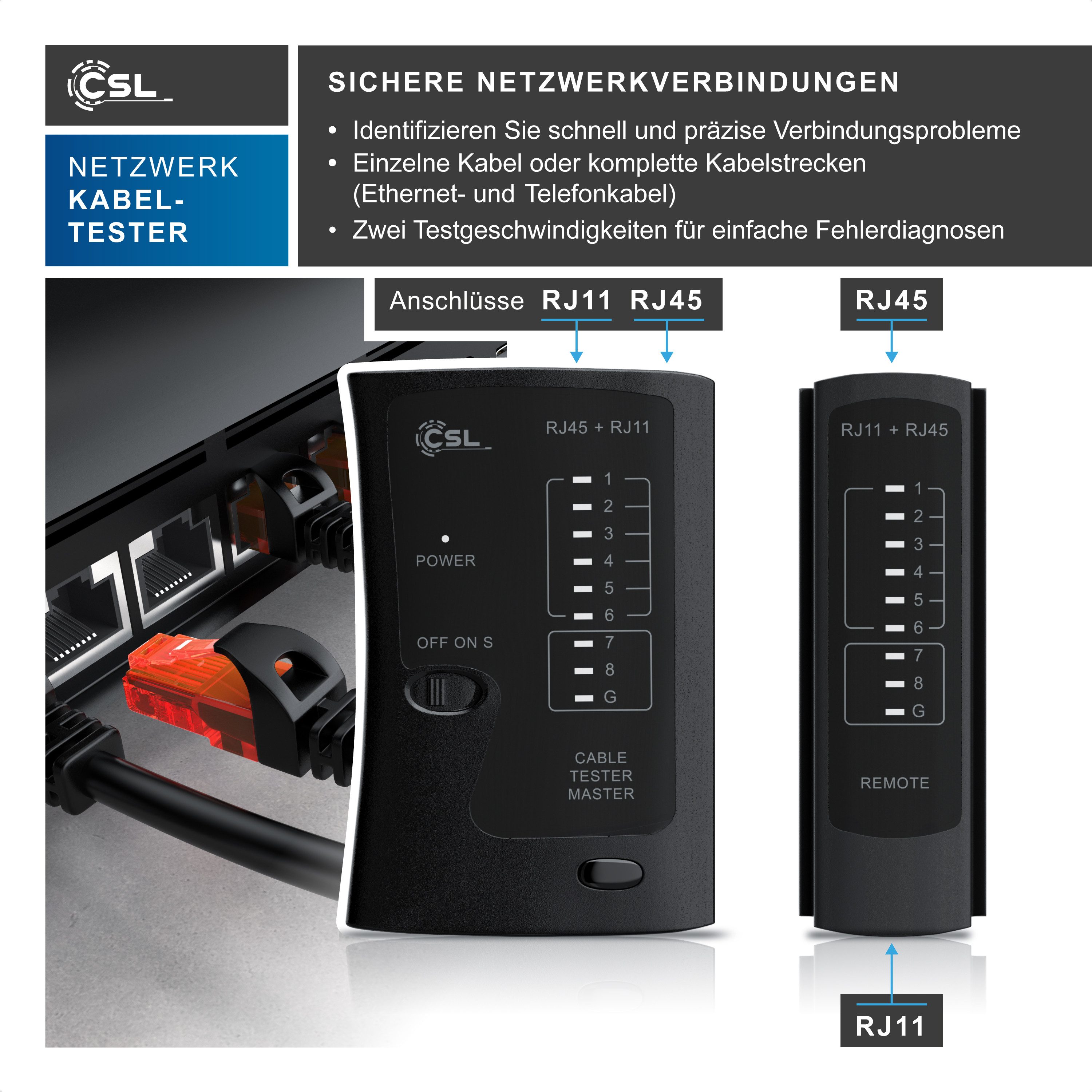 CSL Kabeltester für RJ45 & RJ11 Kabel, Leitungen in Böden, Wänden & Decken Netzwerk-Adapter RJ-45 (Ethernet) zu 2x RJ11, 2x RJ45, Patchkabel Tester, Leitungstes – Bild 2 von 5