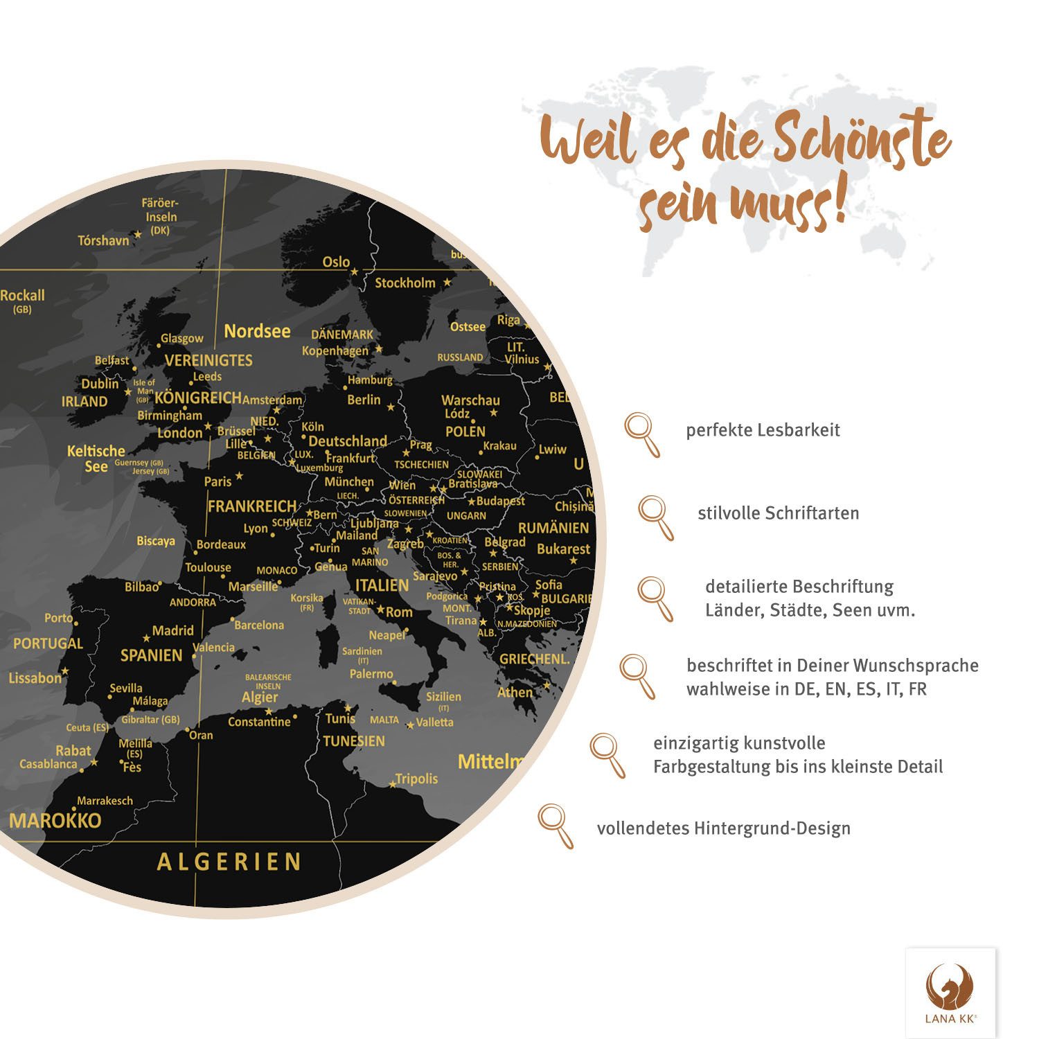 LANA KK Glasbild magnetische Weltkarte, deutsche Beschriftung