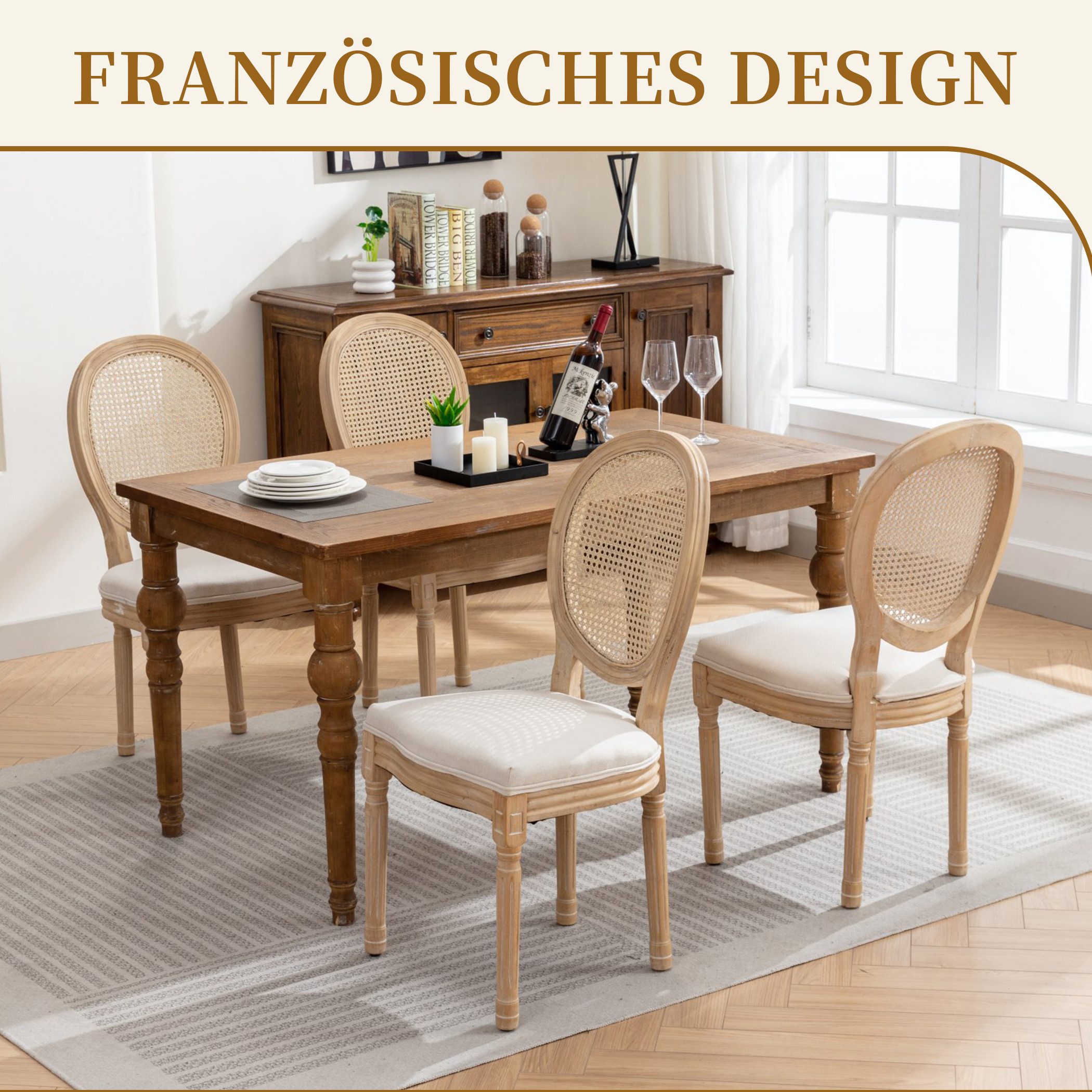 SeedWave Esszimmerstuhl 2er Set Küchenstuhl aus Massivholz-Gestell, mit Rattan-Rückenlehne, Polsterstuhl inkl. Leinenbezug Sitzfläche