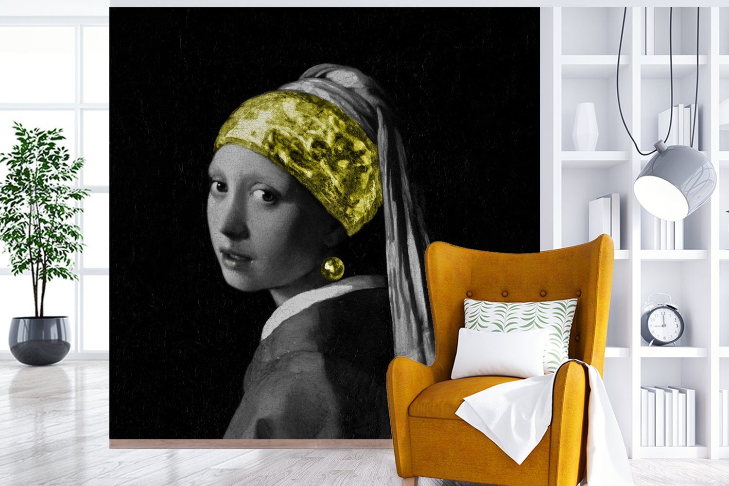 MuchoWow Fototapete Mädchen mit einem Wandtapete Gold, (5 Wohnzimmer St), Perlenohrring oder Matt, Tapete für bedruckt, - - Vinyl Schlafzimmer, Gemälde