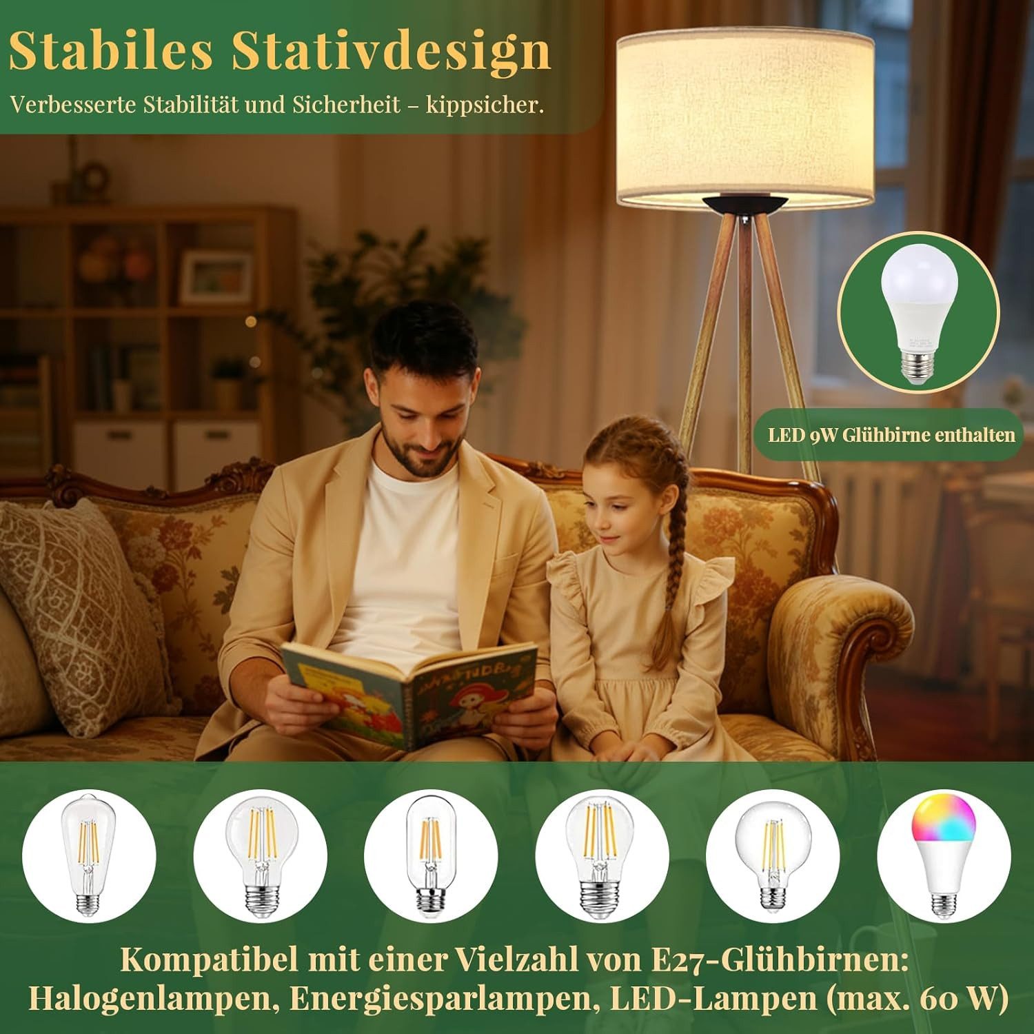 TLGREEN LED Stehlampe Standleuchte mit Fernbedienung & Timer, stufenlos dimmbar, 3 Farbtemperaturen, E27, für Wohnzimmer Schlafzimmer, modernes Design – Bild 5 von 5