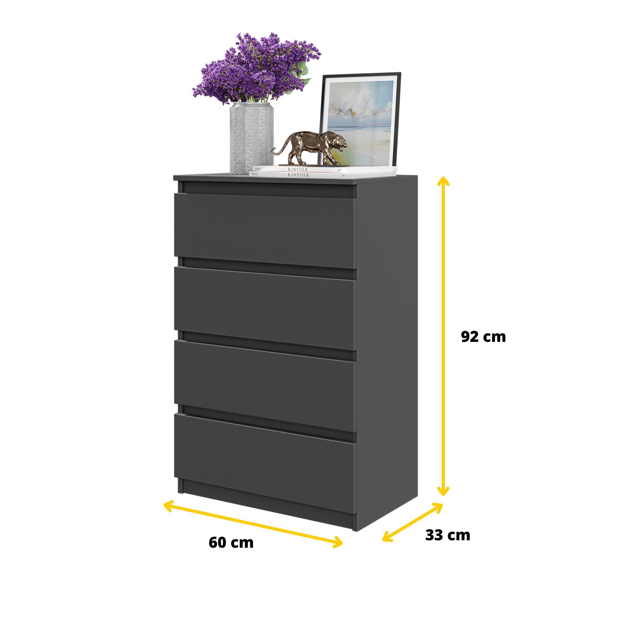 Furnica Kommode GABRIEL 4 Schubladen - Anthrazit Grau H92cm B60cm T33cm – Bild 2 von 5