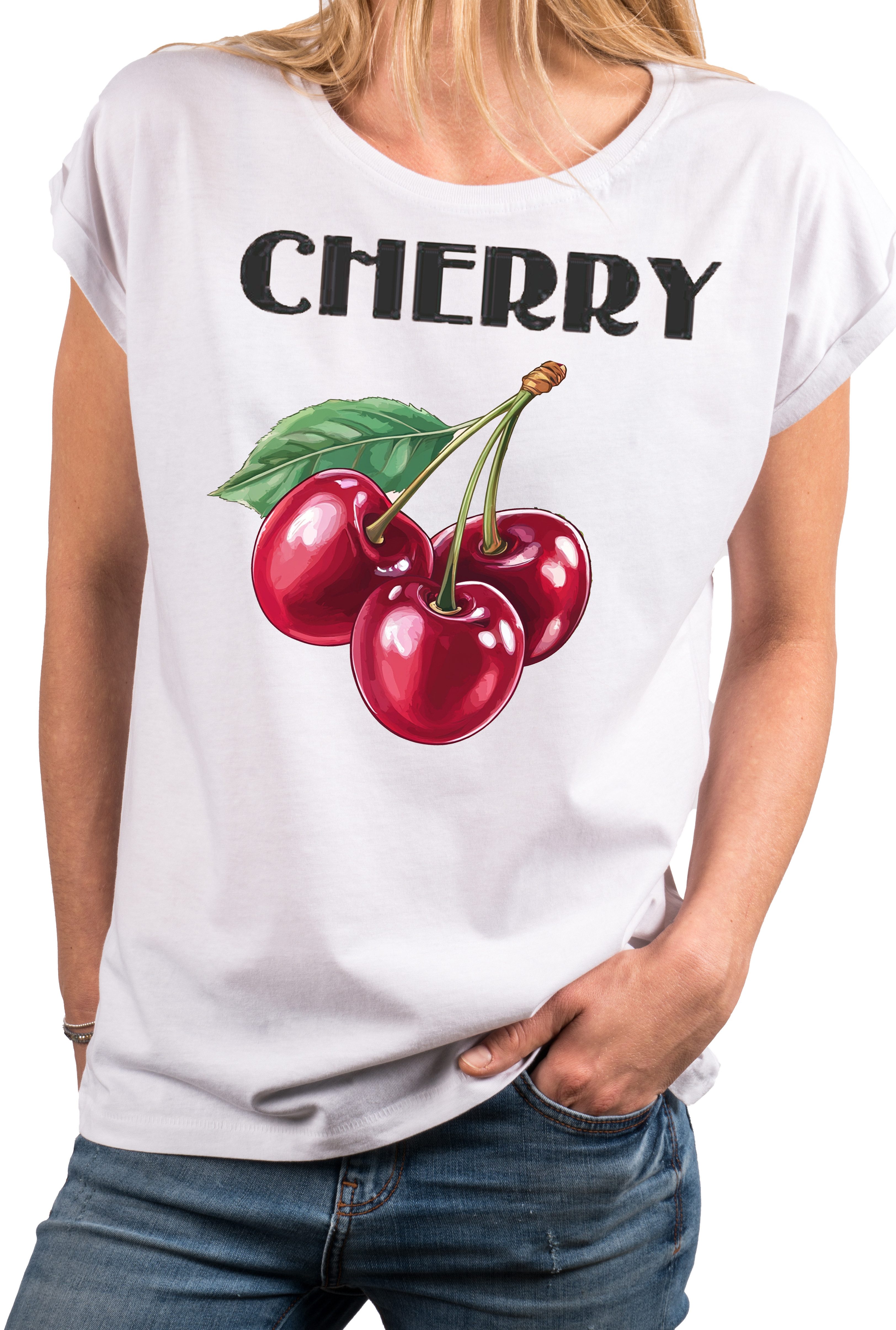 MAKAYA Kurzarmshirt Damen Sommer Shirt mit Aufdruck Kirschen Luftig Elegant Sportlich (Weiß, Rosa, Grau, Grün, 34, 36, 38, 40, 42, 44, 46, 48, 50) große Größen