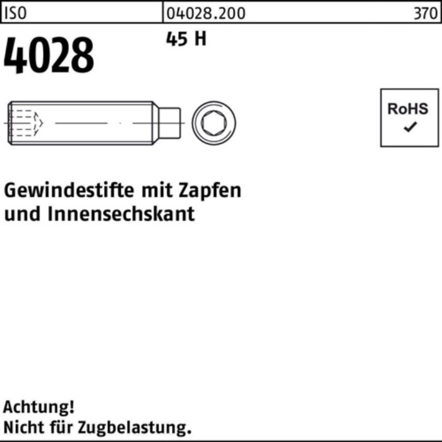 Gewindebolzen 25 500 ISO 4028 Gewindestift M4x 45 Pack Reyher Stü H 500er Zapfen/Innen-6kt