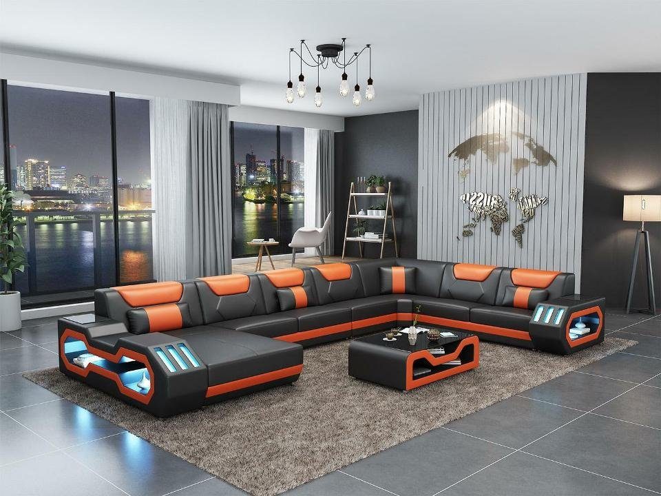 JVmoebel Wohnzimmer-Set, Wohnlandschaft U Form Ecksofa Couchtisch Sideboard Design Schwarz/Orange | Wohnwände