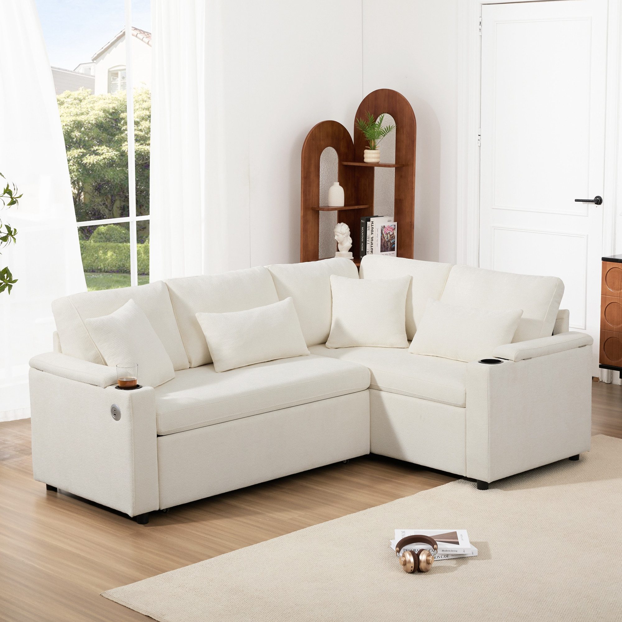 Merax Ecksofa L-förmiges ausziehbares Sofa mit USB-Anschluss, Schlafsofa 1 günstig online kaufen