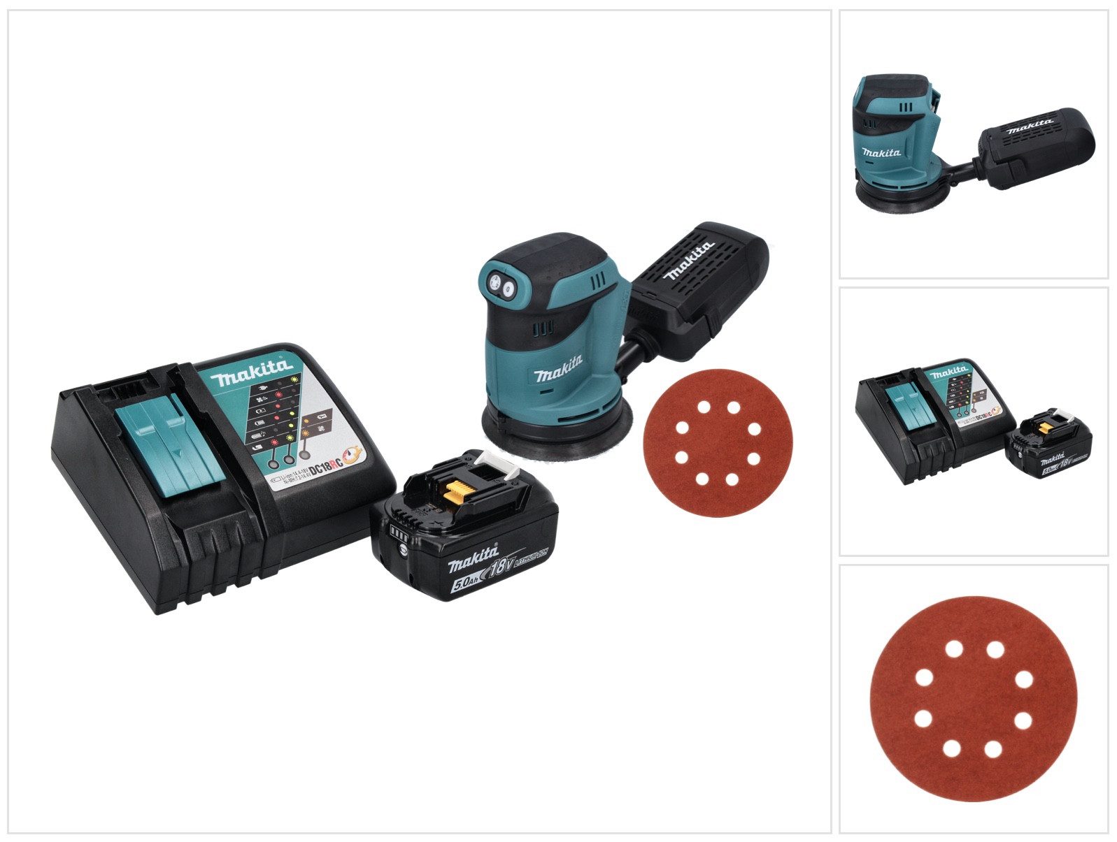 Makita Akku-Exzenterschleifer DBO 180 RT1 18 V 125 mm + 1x Akku 5,0 Ah + Ladegerät