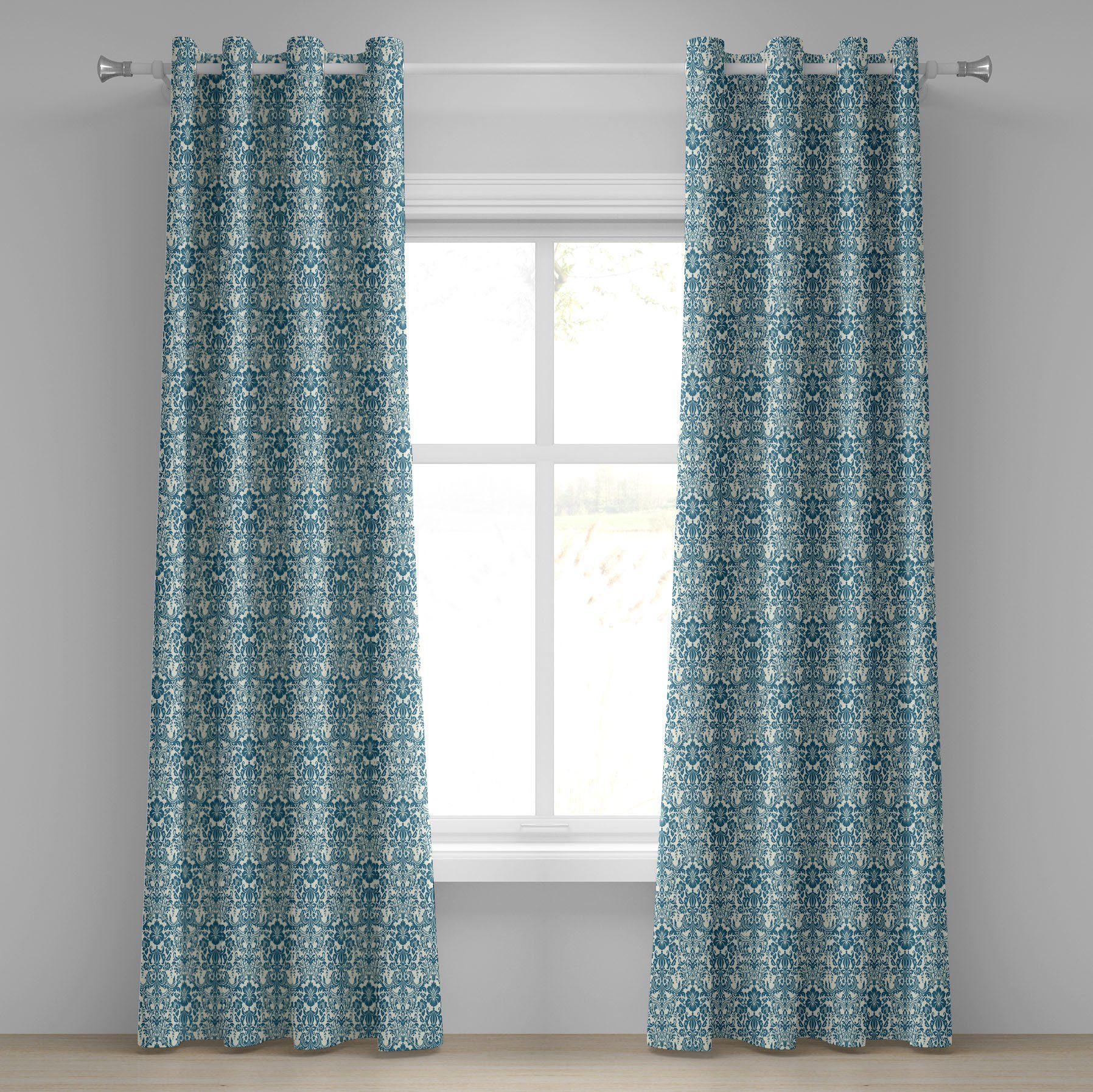 Gardine Dekorative 2-Panel-Fenstervorhänge für Schlafzimmer Wohnzimmer, Abakuhaus, Elfenbein und Blau Damast-Blumen