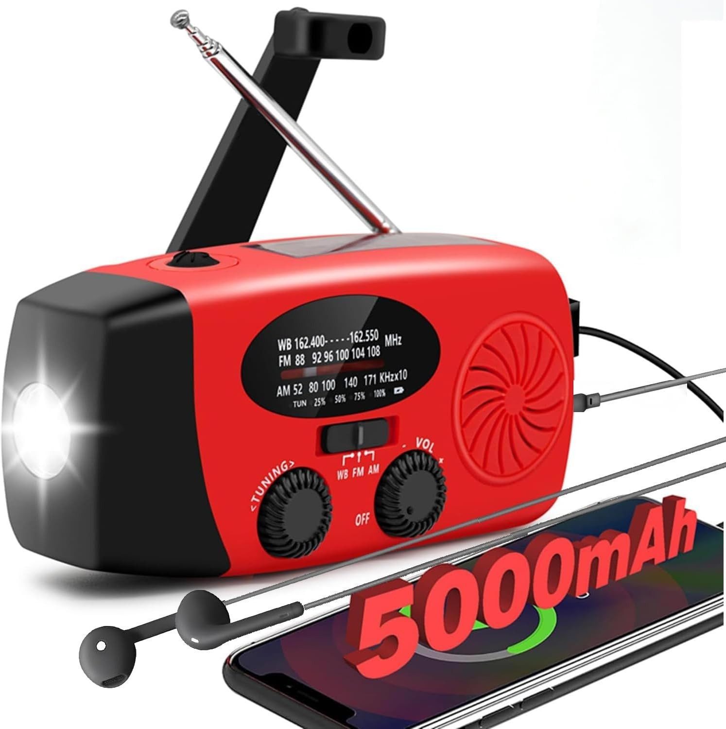 Toomoke Kurbelradio, Solarradio, Outdoor-Radio, Notfallradio mit Powerbank Notfallradio (AM/FM-Radio mit LED-Lampe, SOS-Sirene und USB-C-Handyladefunktion)