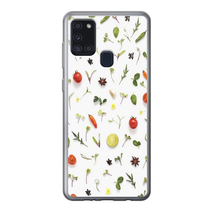 MuchoWow Handyhülle Flachgelegte Früchte Gemüse Gewürze und Kräuter Handyhülle Samsung Galaxy A21s Smartphone-Bumper Print Handy