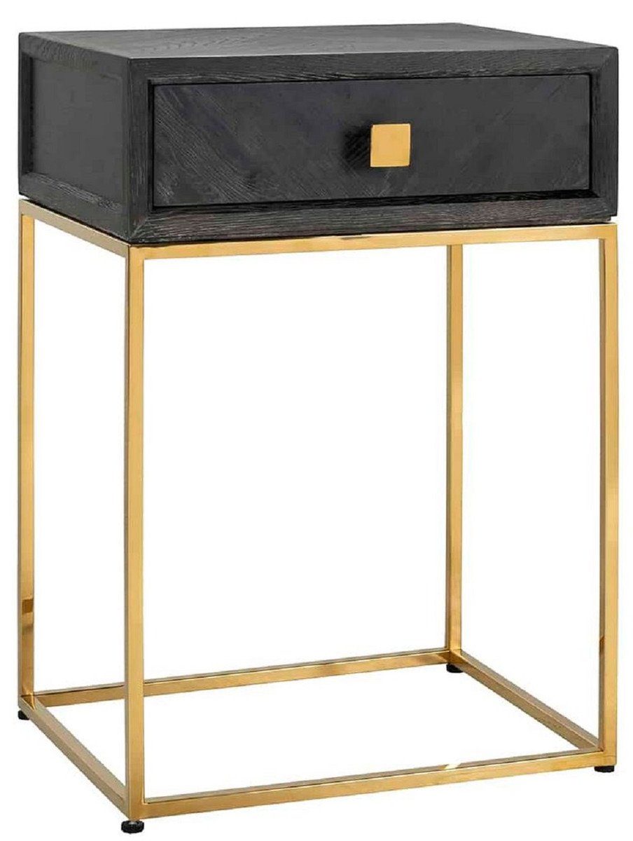 Casa Padrino Beistelltisch Luxus Beistelltisch Schwarz / Gold 50 x 40 x H. 71 cm - Massivholz Nachttisch mit Schublade und Edelstahl Gestell - Luxus Schlafzimmer Möbel